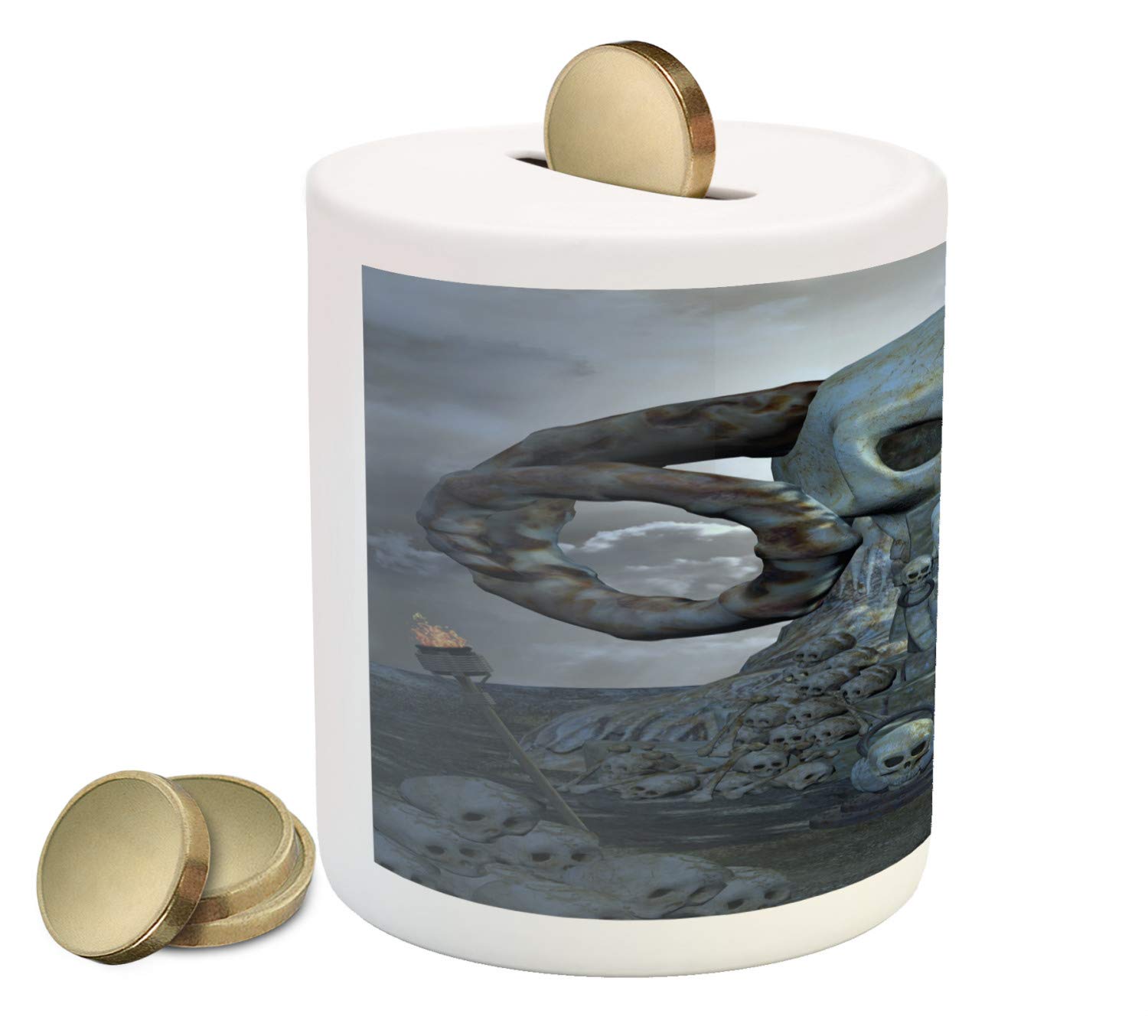 Ambesonne Skull Ceramic Piggy Bank - Spooky Gothic Money Box with Skulls, Horns & Torches Design - Blue Grey Coin Bank for Cash Savings | Perfect for Halloween Decor, Gothic Home Decor & Unique Gift Idea