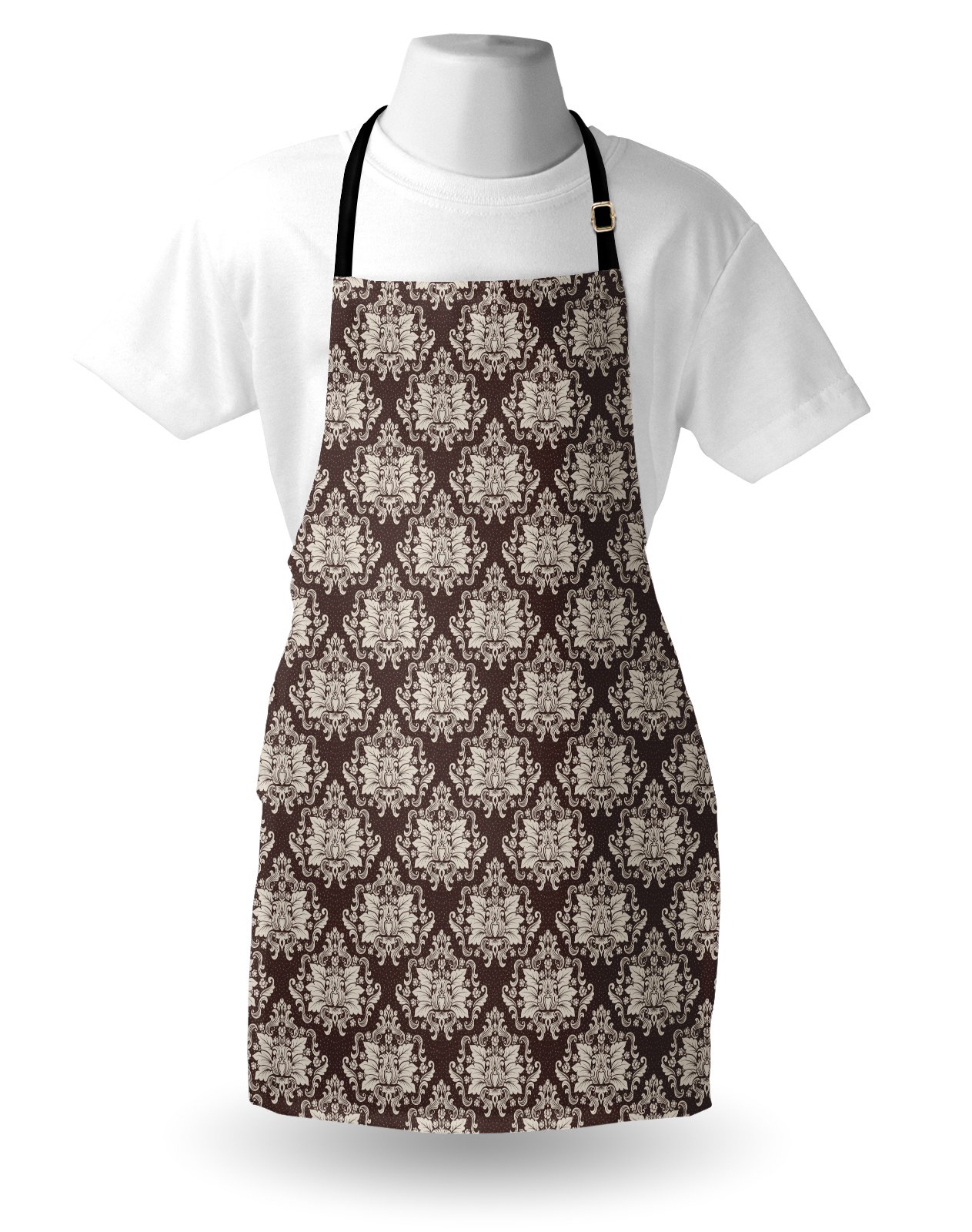 Ambesonne Damask Apron - Victorian Floral Pattern Kitchen Bib with Adjustable Neck for Cooking, Baking, Gardening | Unisex Brown and Beige Apron with Blooming Foliage Leaves Design | Perfect for Home Chefs, BBQ Parties & Holiday Gifts