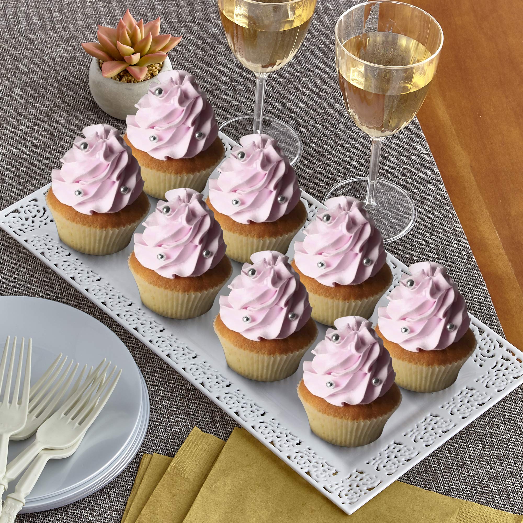 Elegant Disposable Silver Lace Trays for Weddings & Dining - Set of 6 White 14x7.5 Inch Plates - Perfect for Bridal Showers, Banquets & Upscale Events