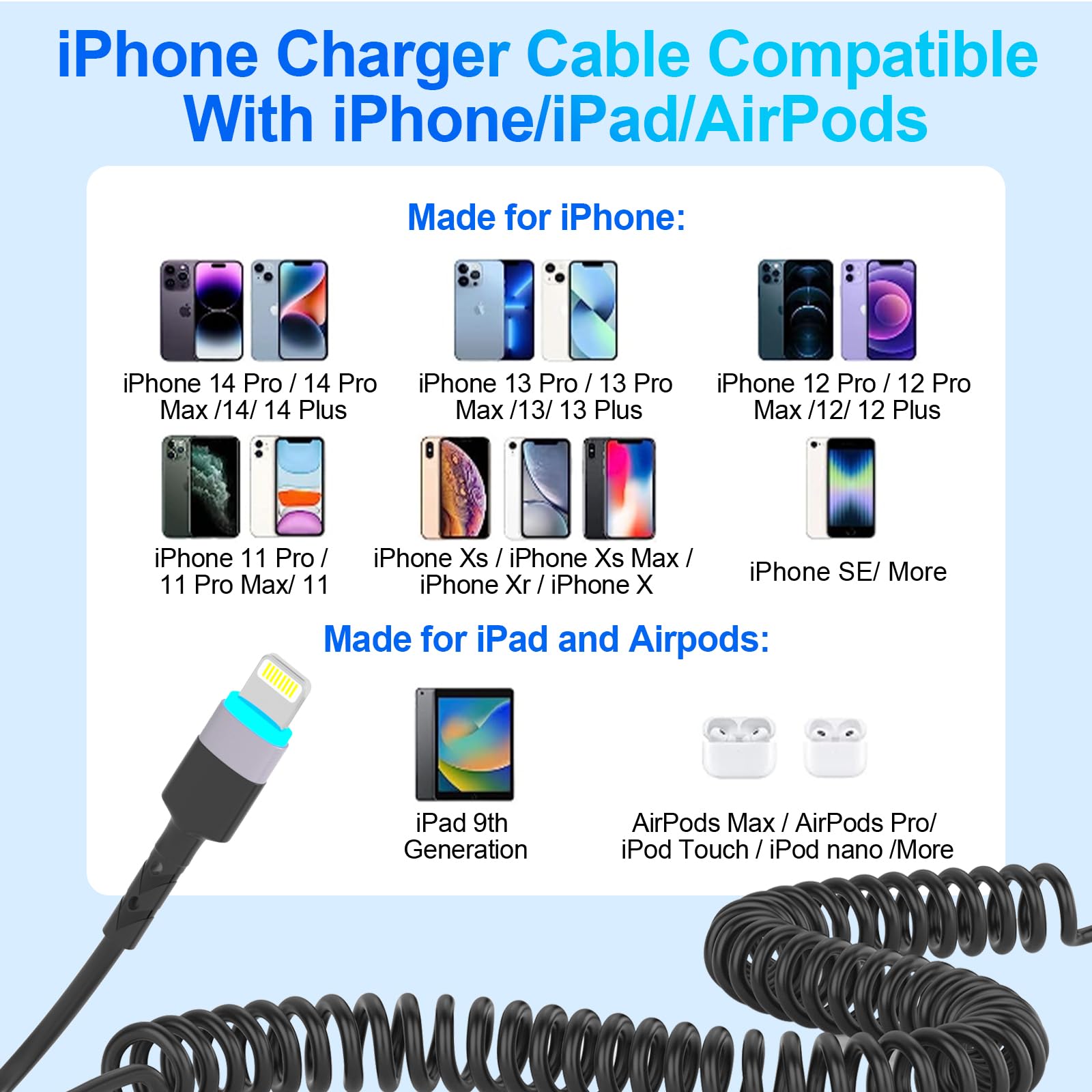 MFi Certified Coiled Lightning Cable 3FT 2-Pack - Short USB to Lightning iPhone Charger Cord for CarPlay & Car Charging - Durable Charging Cable for iPhone 12/11/X/8/7/6/Plus (Perfect for Road Trips & Daily Commute)