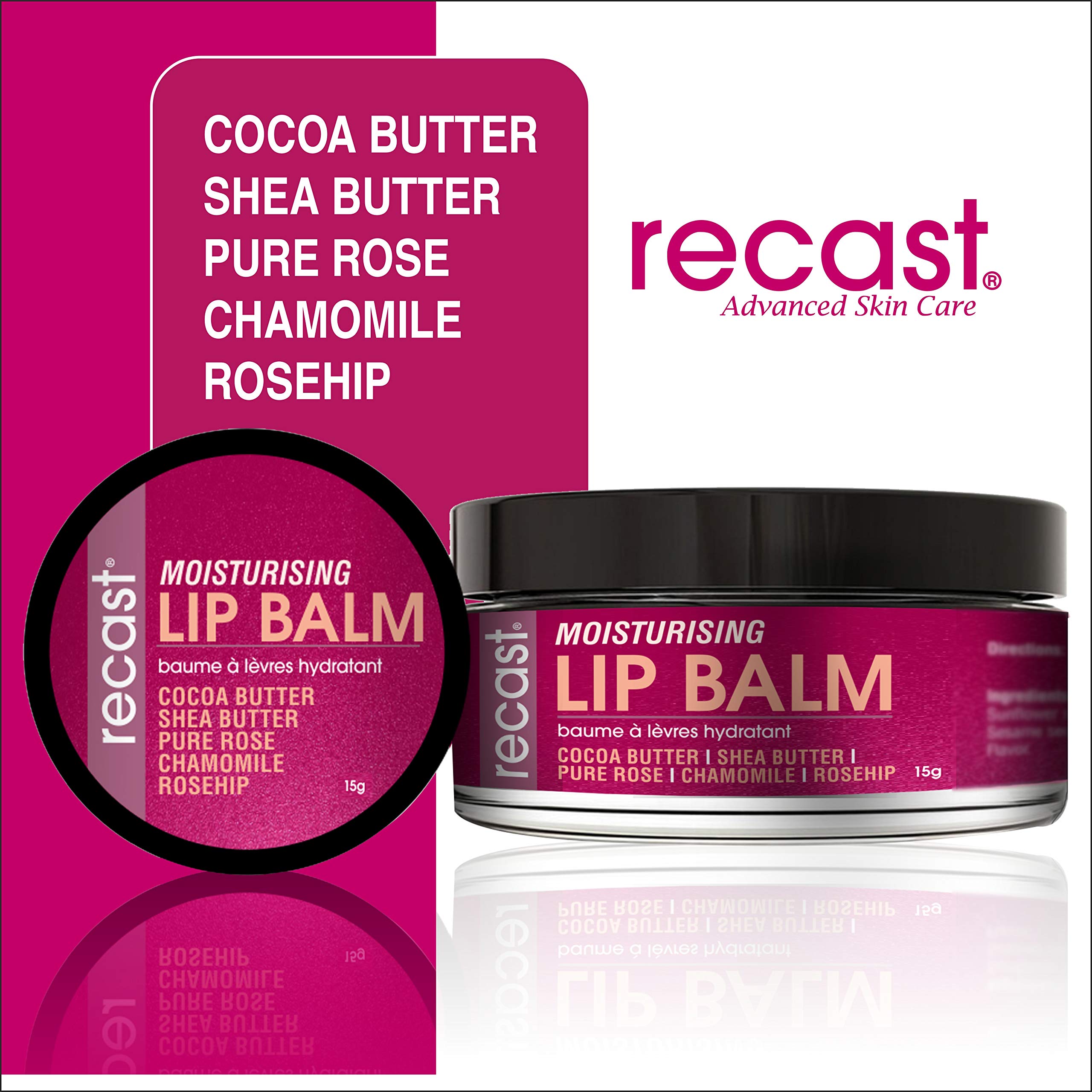 Recast Moisturizing Lip Balm - Lightening, Restoring & Hydrating with Pure Rose, Cocoa Butter, Shea Butter & Rosehip Seed Oil (15g) - Perfect for Dry Lips, Night Care & Daily Lip Protection