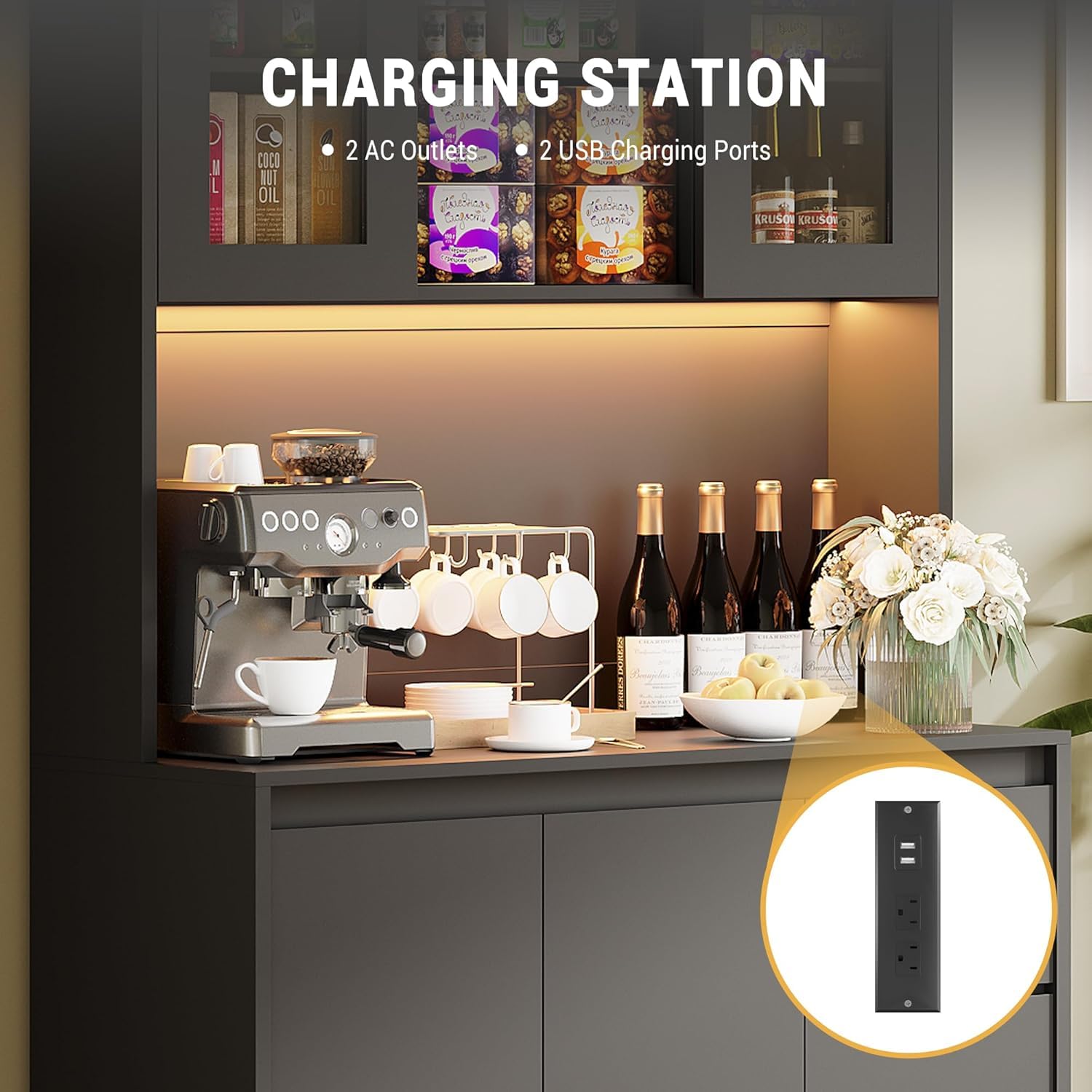 Modern Black Kitchen Pantry Cabinet with LED Lights & Charging Station - Tall Storage Hutch with Microwave Stand, Buffet Cabinet & Countertop - Perfect for Small Kitchens, Dining Room Storage & Home Organization