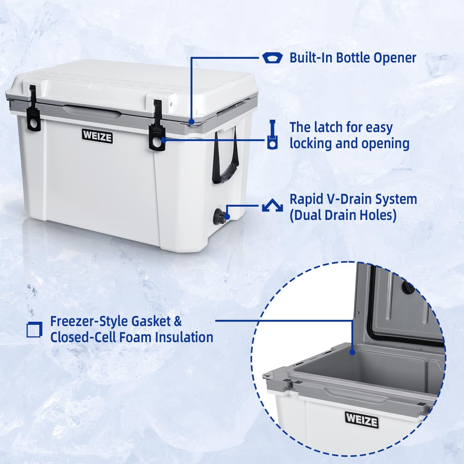 WEIZE Ultra Light 55 Quart Hard Cooler - Insulated Portable Ice Chest Box with Bottle Opener | Keeps Ice Cold Up to 8 Days | Perfect for Camping, Beach Trips, Tailgating & Outdoor Adventures