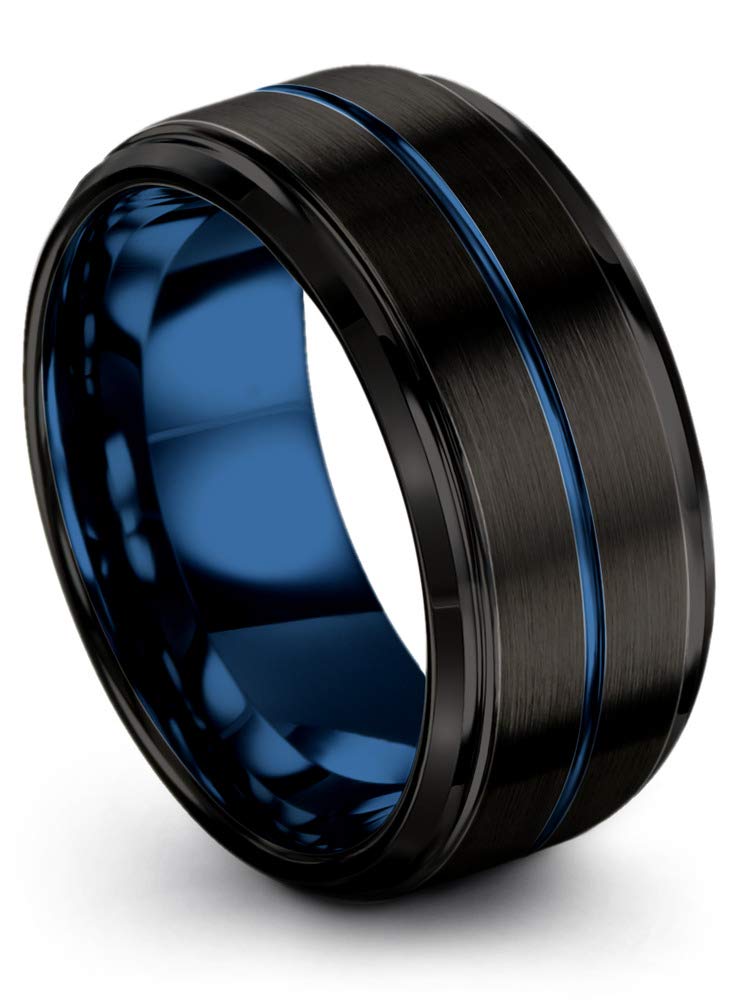 10mm Tungsten Carbide Wedding Band Ring for Men & Women - Blue Black Center Line, Step Bevel Edge, Black Brushed & Polished Finish - Custom Engraved Anniversary & Engagement Ring - Perfect for Weddings, Proposals & Special Occasions