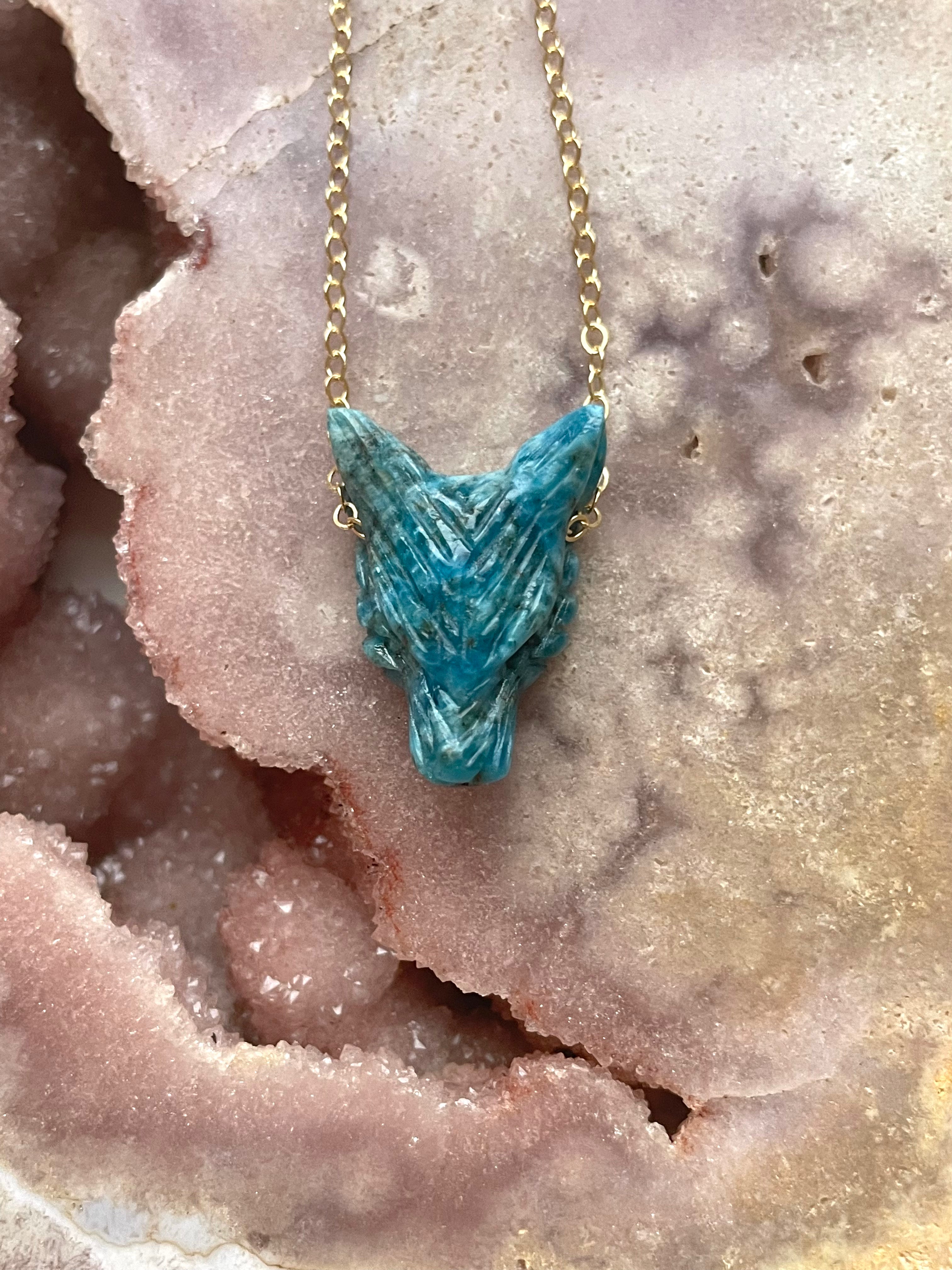 Apatite Wolf Head Necklace for Women - Handmade Sterling Silver Pendant with Healing Crystal - Perfect for Spiritual Protection, Boho Jewelry & Gift Giving