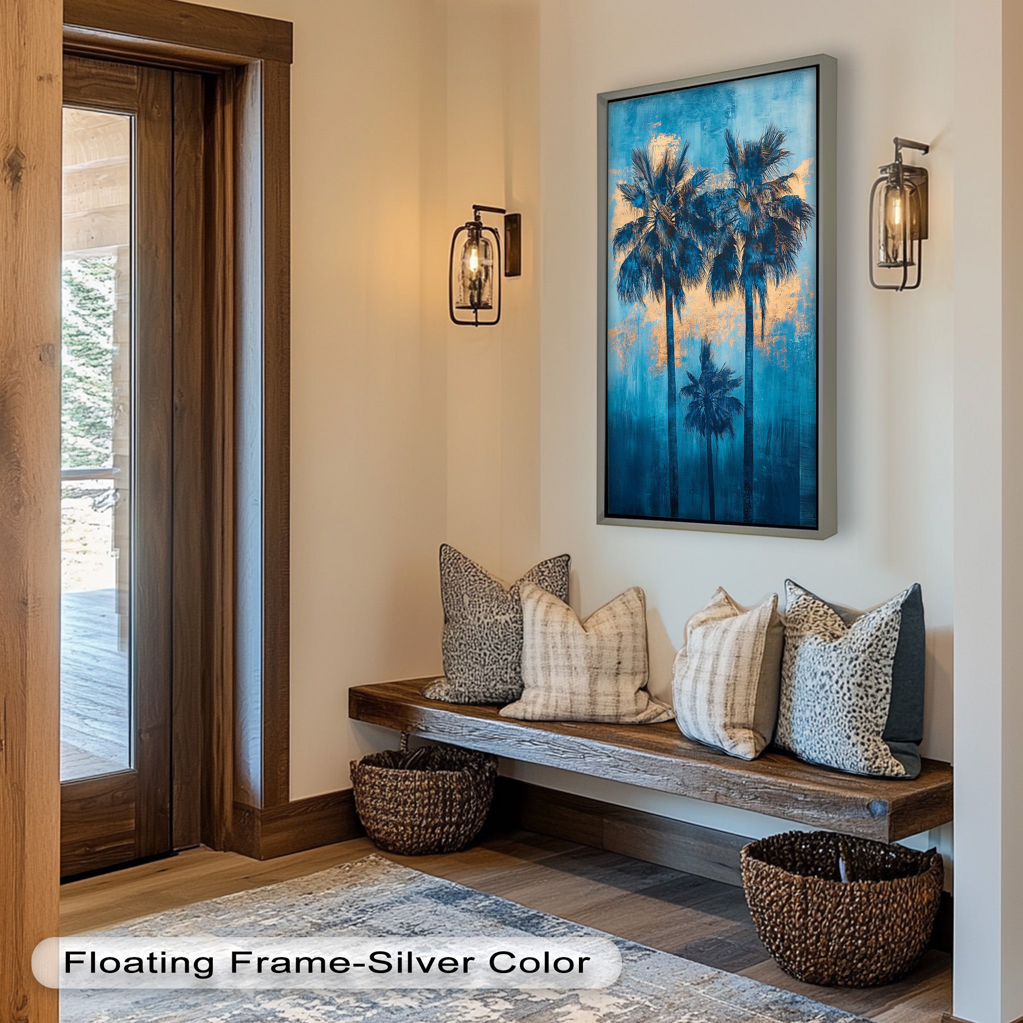 Blue Sunset Palms Tropical Oil Painting - Handmade Beach Wall Art for Living Room, Bedroom & Office Decor