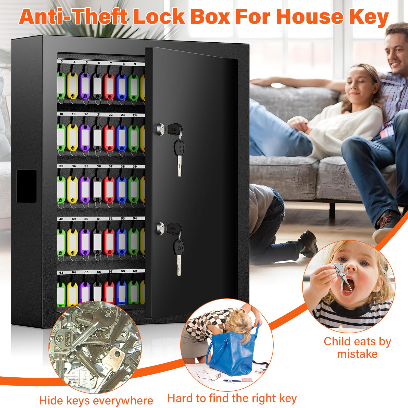 125-Key Wall Mount Key Cabinet with Dual Lock & Key Hooks - Steel Anti-Theft Key Safe with 125 Labels for Hotels, Offices, Car Dealerships - Secure Key Storage Solution for Property Management & Business Security