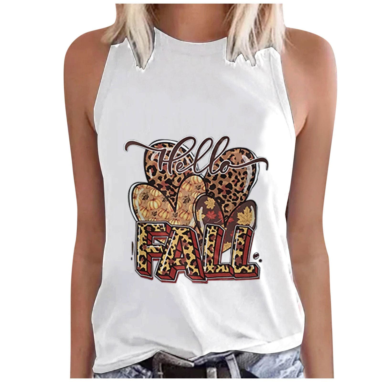 Women's Slim Fit Sleeveless Letter O-Neck Hawaiian Business T-Shirt - White (Size S) | Casual Office Wear & Summer Vacation Outfits