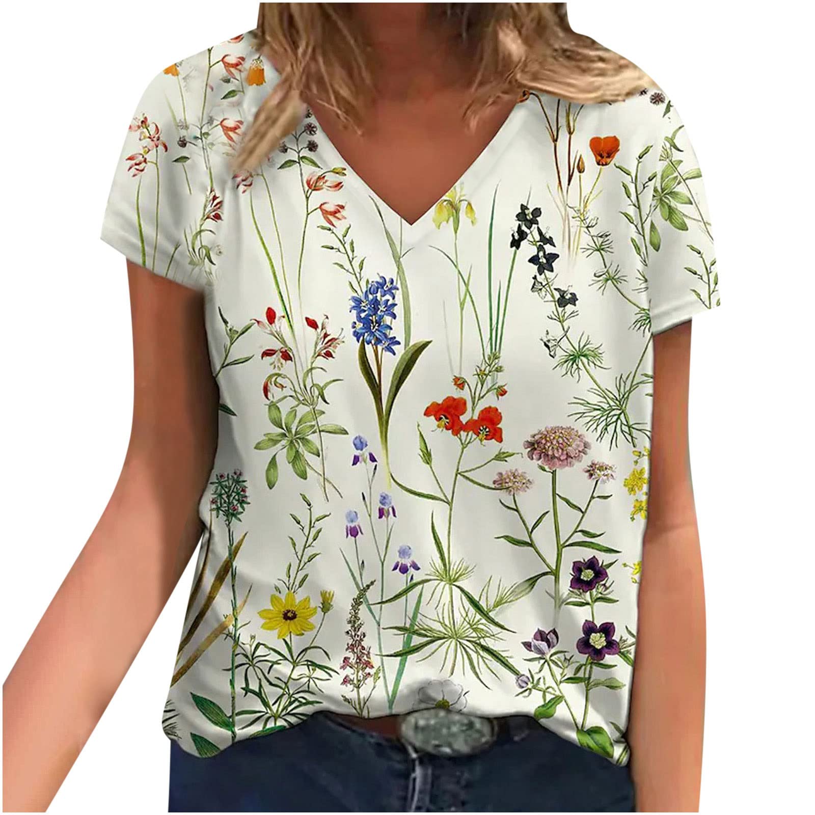 Plus Size Women's Summer Tops - Short Sleeve V-Neck Floral Printed T-Shirts | Cute Casual Graphic Tees for Vacation & Daily Wear | Perfect for Beach, Travel & Outdoor Activities