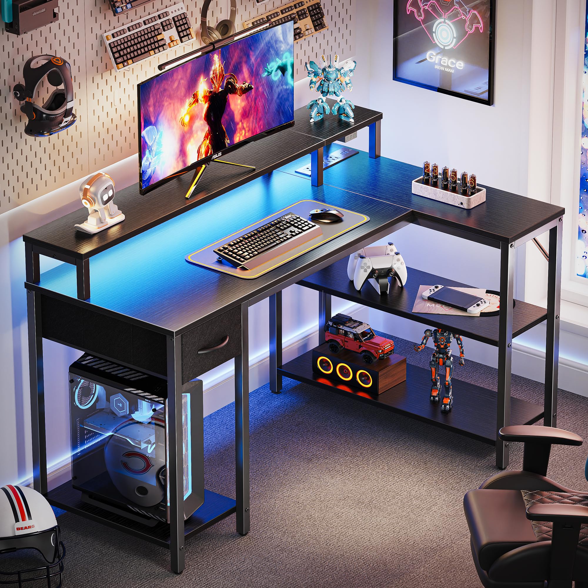 SUPERJARE 47 inch Reversible L-Shaped Desk with LED Lights & Power Outlets - Adjustable Computer Desk with Storage Shelves, Monitor Stand & Drawer - Ergonomic Gaming & Home Office Corner Desk (Black) for Small Spaces, Work from Home & PC Gaming Setup