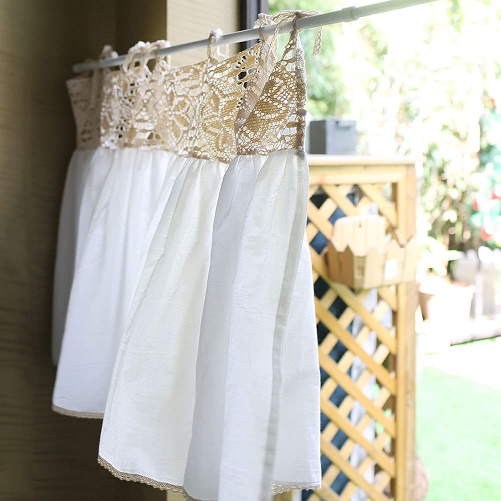 Vctops Cotton Crochet Tiered Curtains - Semi-Sheer Rustic Kitchen & Cafe Curtains with Tie-Top Design, 1 Panel (White, 47x25 Inches) - Perfect for Small Windows, Farmhouse Decor, and Cozy Dining Spaces