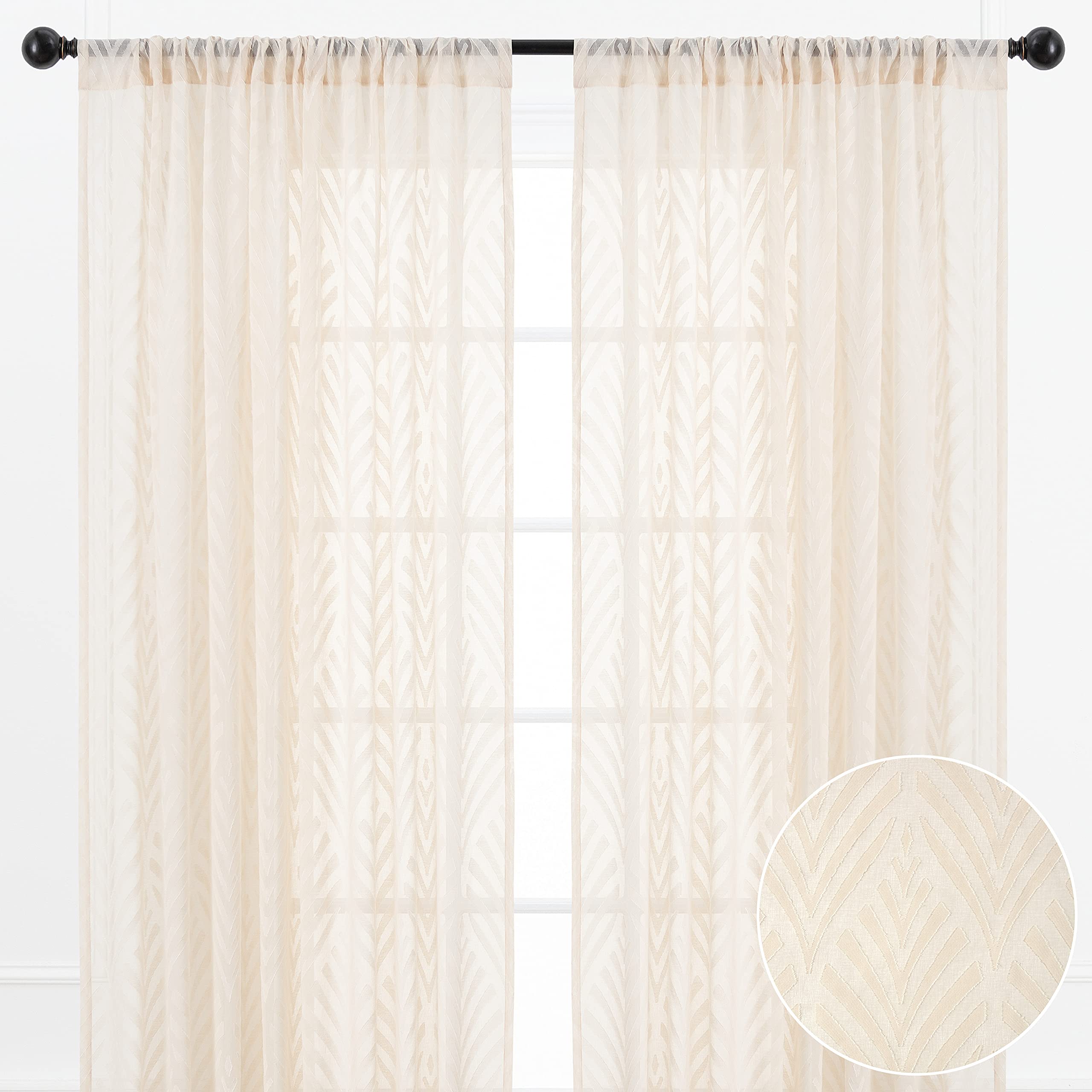 Chanasya Beige Sheer Voile Curtains with Leaf Texture - Light Filtering Window Drapes for Living Room, Bedroom & Kitchen - 84 Inch Long Rod Pocket Curtain Panel Set (2 Panels) - Perfect for Creating Soft Natural Light & Botanical Decor Ambiance