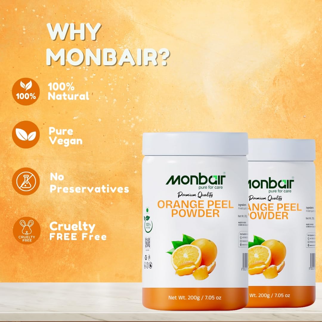 MONBAIR Orange Peel Facepack Powder - 100g | 100% Natural, Chemical-Free | Brightens Skin, Reduces Tan & Oil, Fades Scars, Boosts Collagen | Vitamin C Enriched for Deep Cleansing | Perfect for Daily Skincare & Spa Treatments