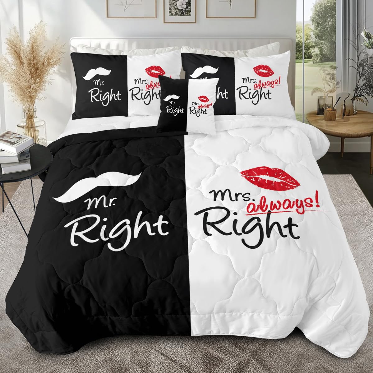 Sleepwish Black & White Queen Comforter Set - Funny Mr. Right & Mrs. Always Right Design with Lip & Beard Print - 4 Piece Bedding Set for Couples - Perfect for Anniversary Gifts & Romantic Bedroom Decor