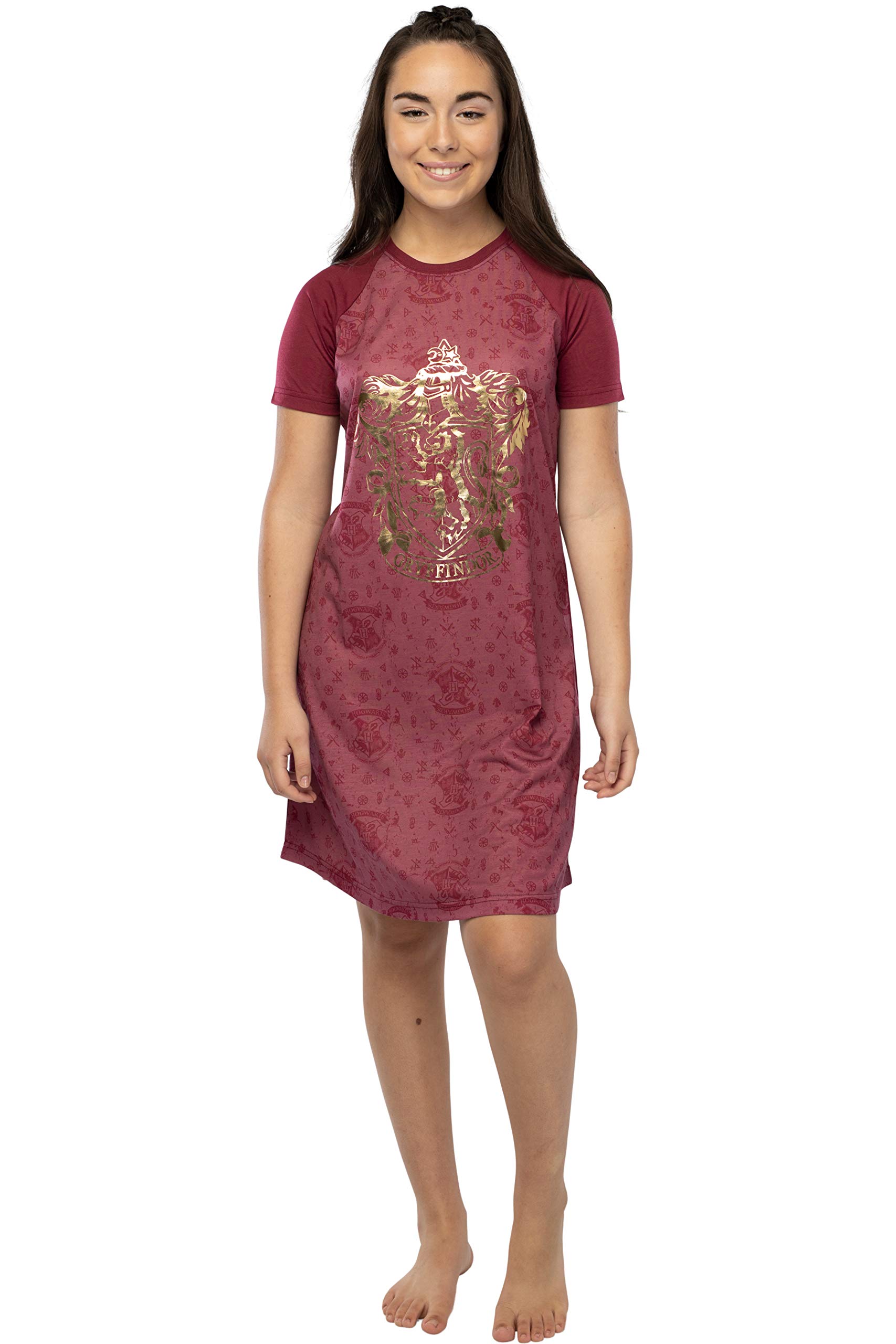 Harry Potter Women's Nightgown - Junior's Hogwarts Houses Foil Print Raglan Pajama for Sleepwear & Cosplay | Soft Cotton Sleep Dress for Potter Fans