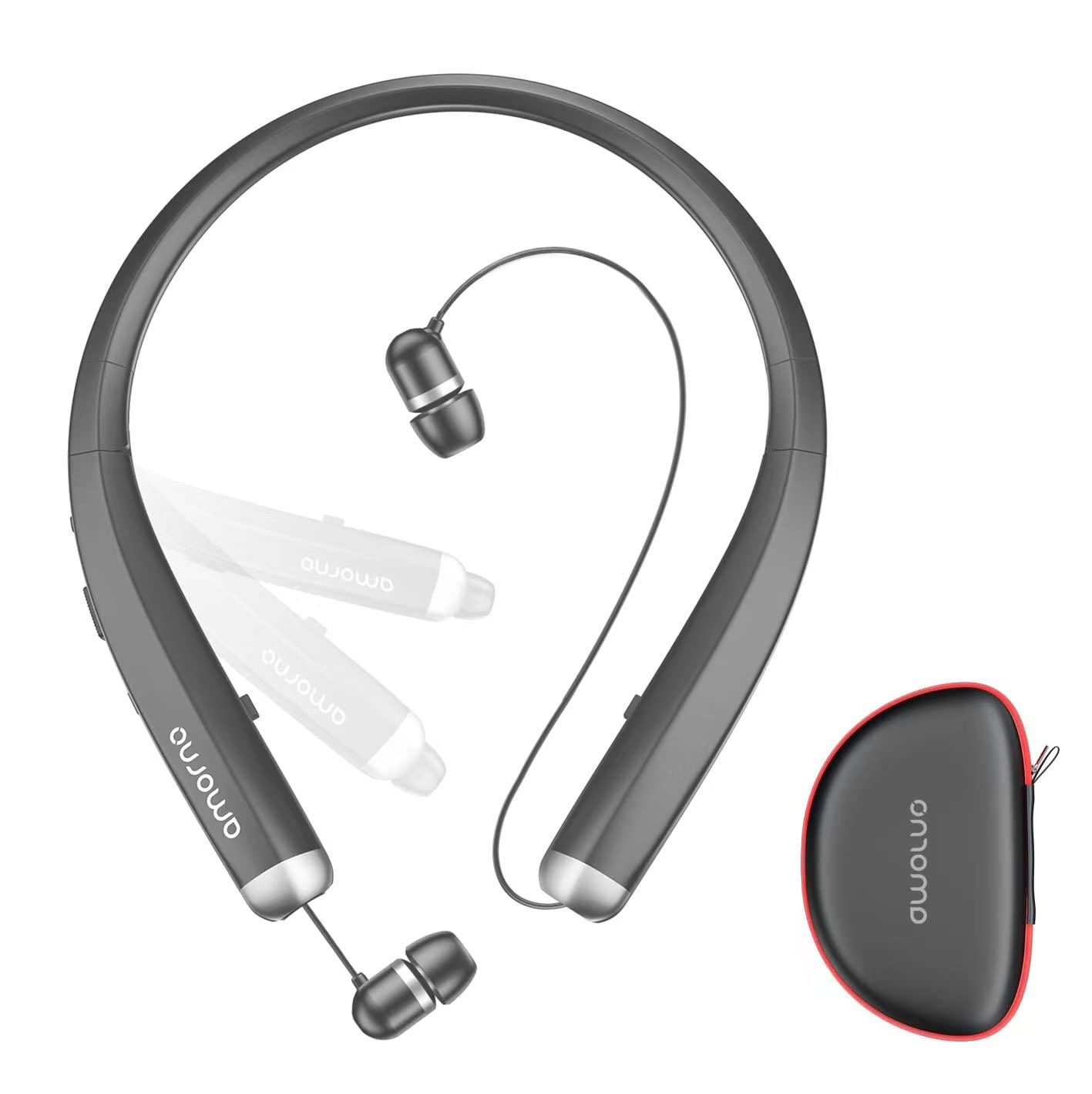 AMORNO Bluetooth Headphones Wireless - Foldable Neckband Headset with Retractable Earbuds, Sweatproof Noise Cancelling Stereo Earphones with Mic for Running, Gym & Travel (Grey)