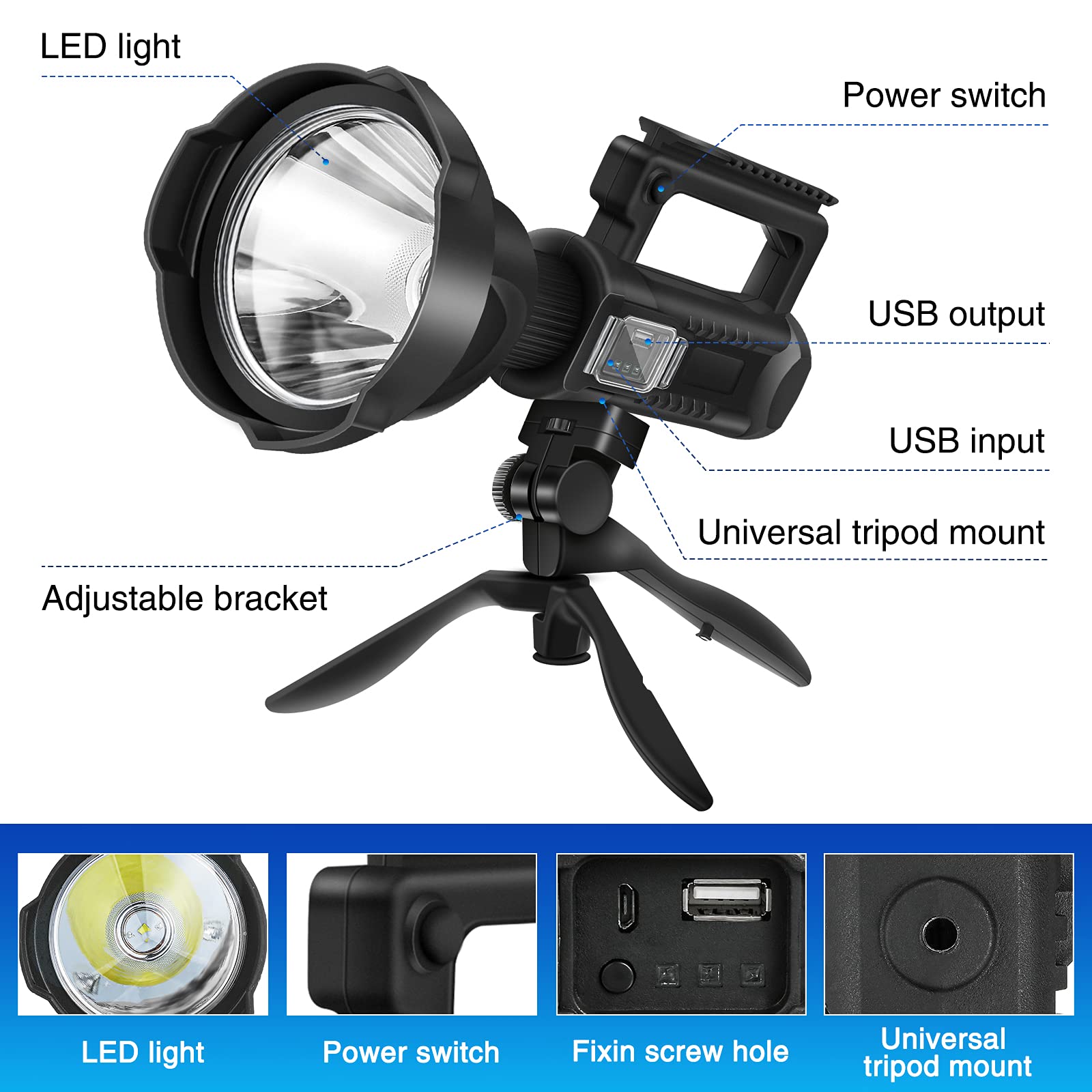100,000 Lumens Rechargeable LED Spotlight Flashlight - Super Bright Waterproof Searchlight with 4 Modes, Tripod & Adjustable Handle - Perfect for Fishing, Hiking, Camping, Hunting, Emergency & Outdoor Adventures (Black)