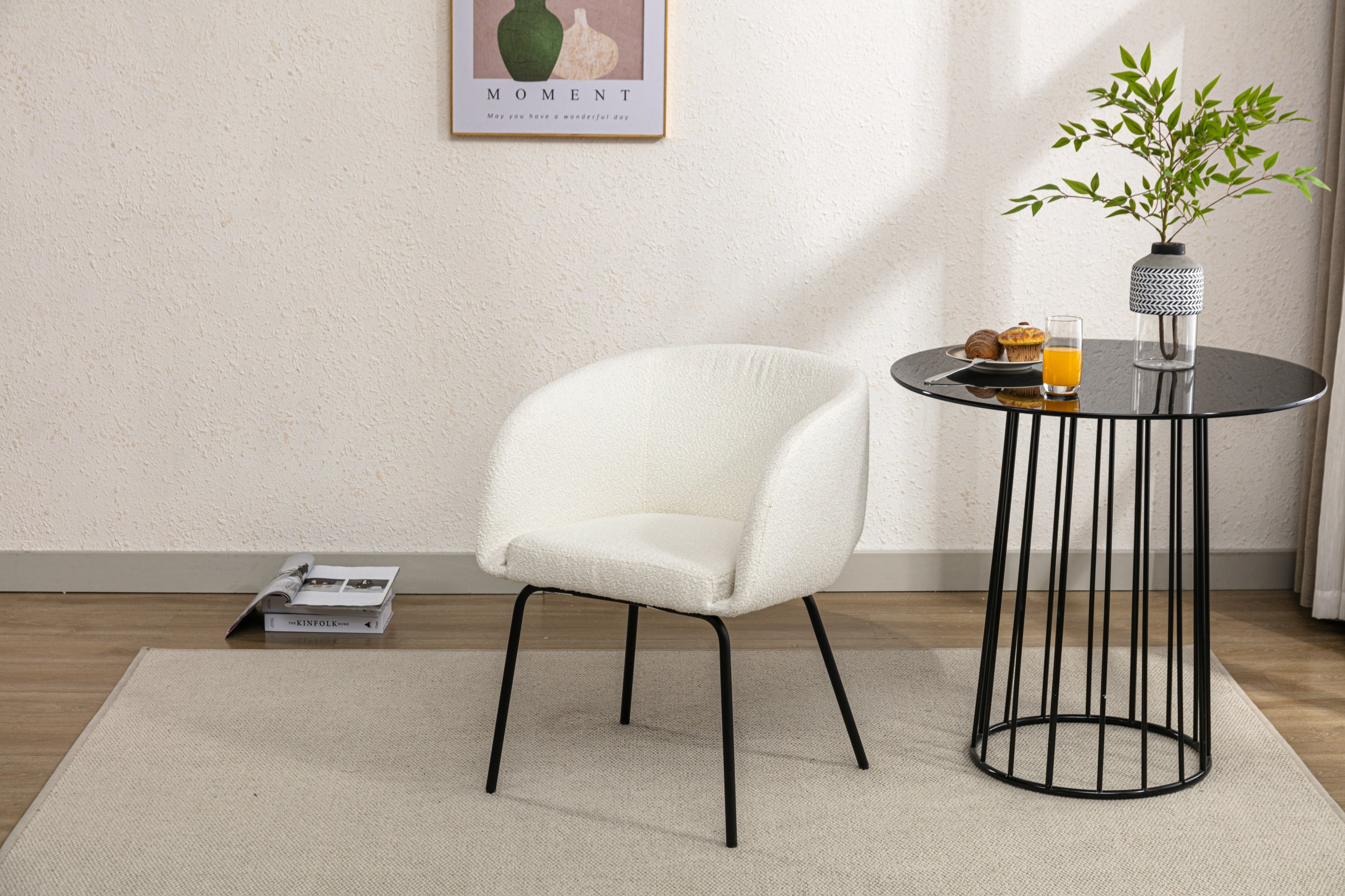 Boucle Fabric Dining Chair with Black Metal Legs - Set of 1 - Modern Upholstered Side Chair for Kitchen, Dining Room & Office