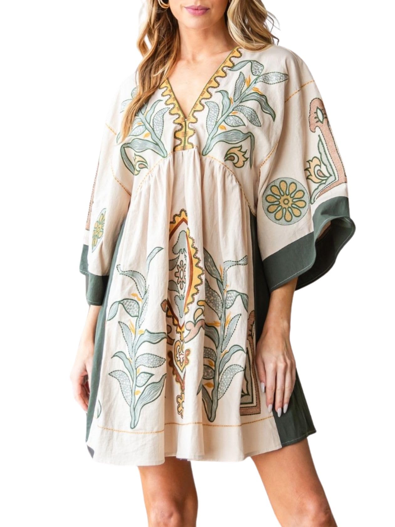 Women's Floral Embroidered Linen Blend Dress - Loose Fit V-Neck Vintage Babydoll Dress with Elegant Embroidery | Perfect for Summer Outings, Beach Vacations & Boho Chic Style