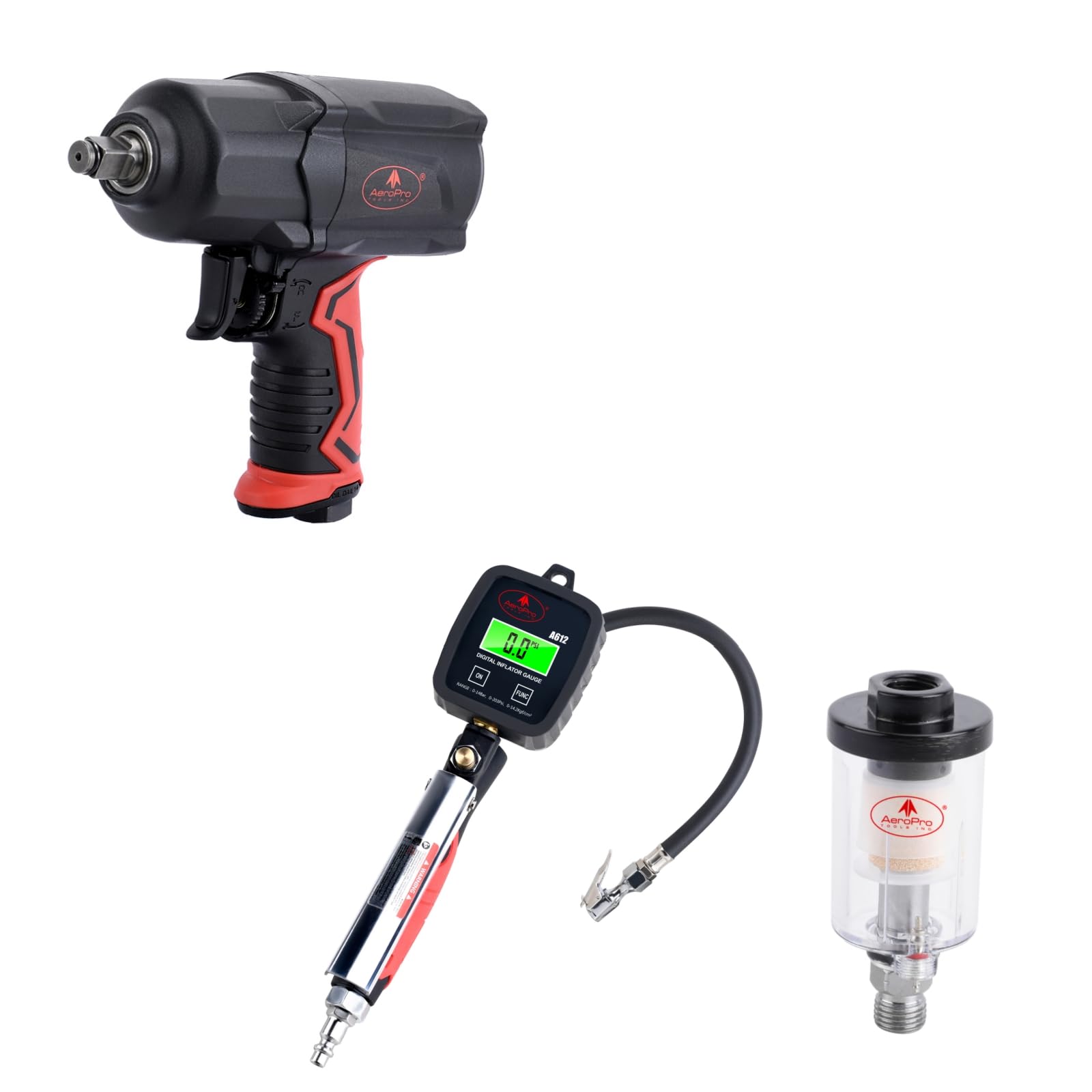 AEROPRO TOOLS A301 1/2-Inch Composite Air Impact Wrench & Digital Tire Inflator with Pressure Gauge & Water Oil Separator - Perfect for Auto Repair, Tire Maintenance, and DIY Projects