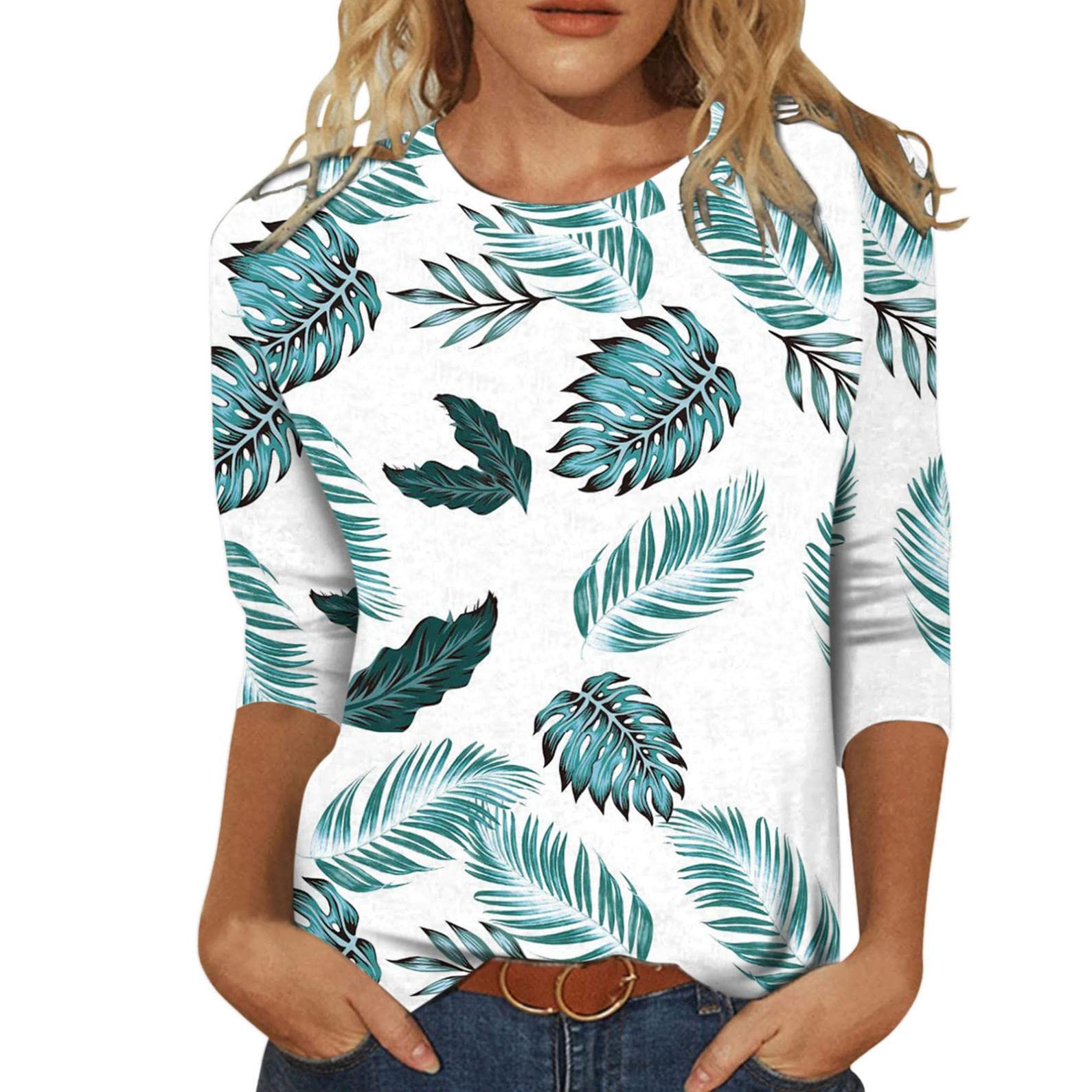 Women's Printed Crewneck 3/4 Sleeve Tunic Top - Slim Fitted Casual Blouse for Spring & Fall | Fashion Round Neck Shirt for Work, Date Night & Everyday Wear