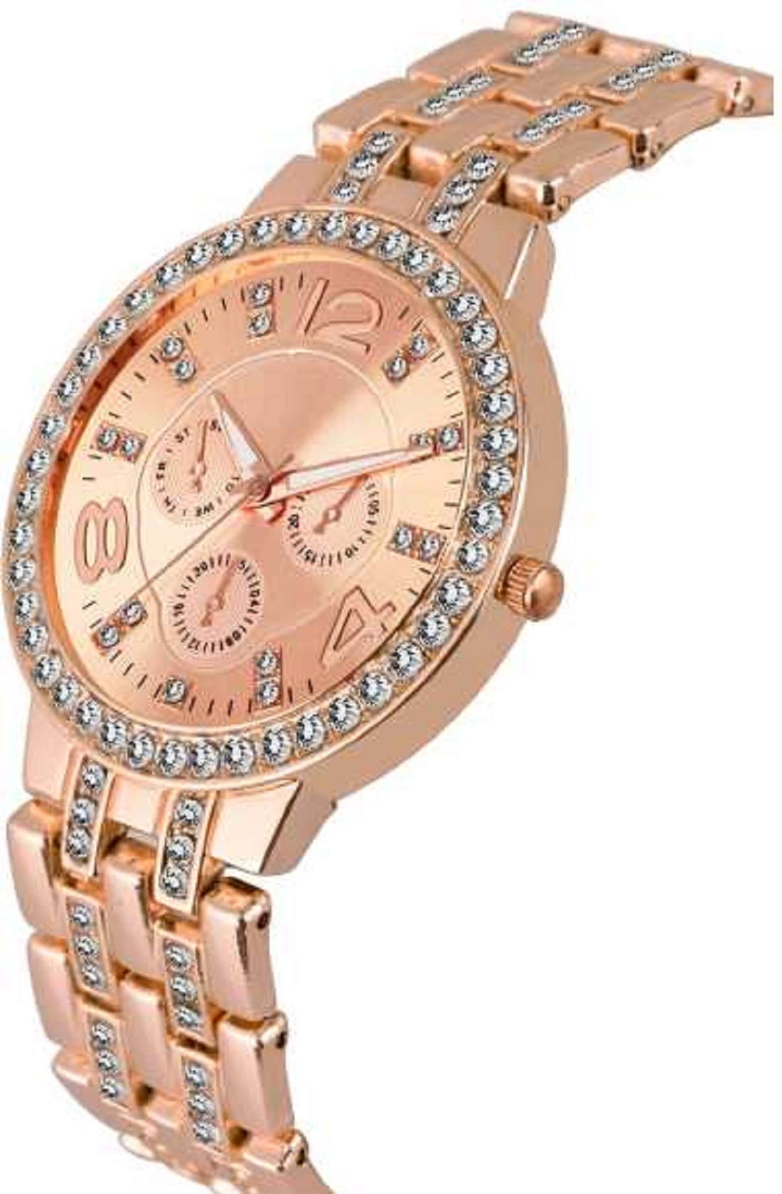 ZUPERIA Rose Gold Diamond Studded Analog Watch & Love Bracelet Set - Elegant Women's Jewelry for Date Night, Wedding & Special Occasions