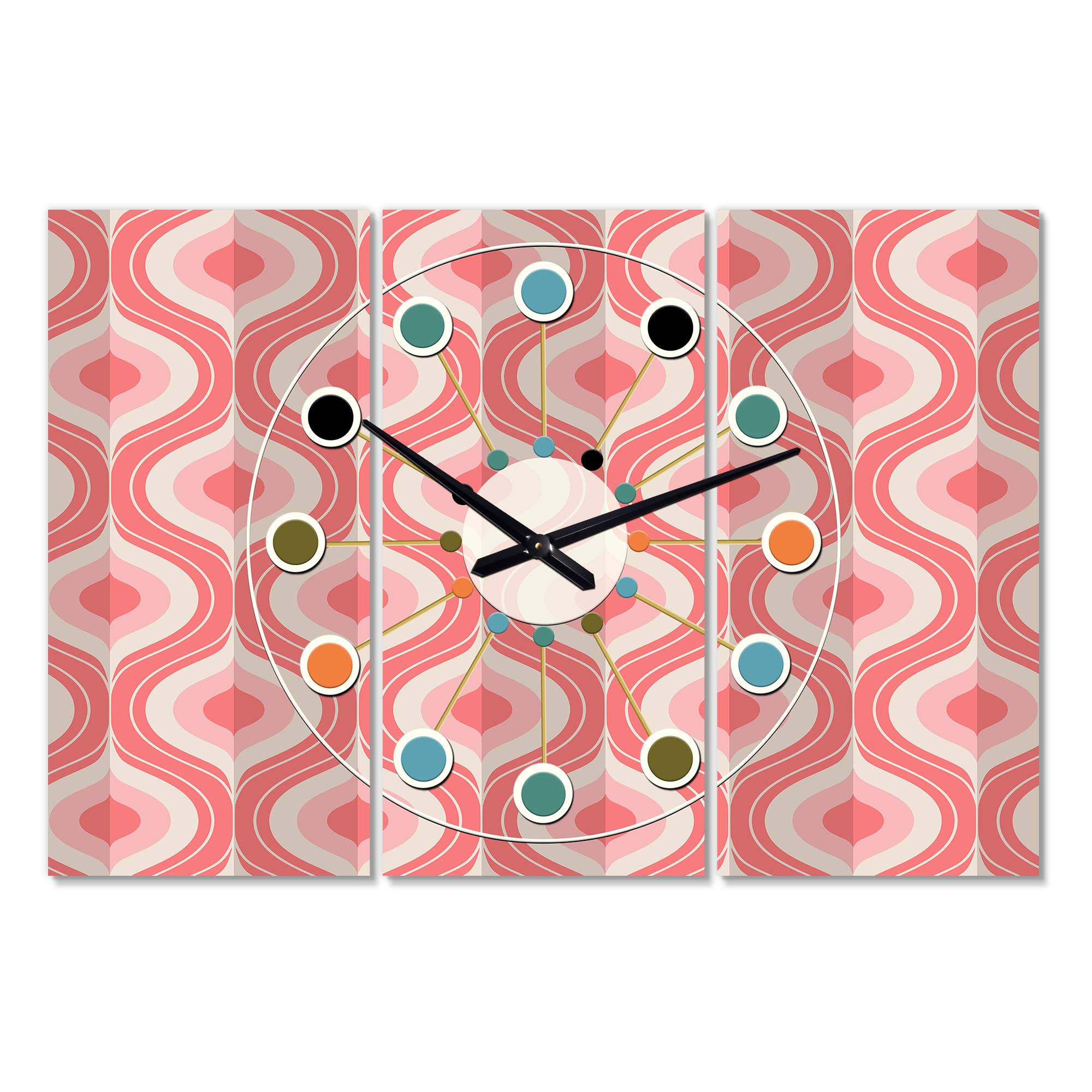 Designart Retro Drop Mid-Century Modern 3 Panel Wall Clock - Metal Wall Art Decor for Living Room, Bedroom, Office | Vintage Home Decor & Unique Wall Decoration
