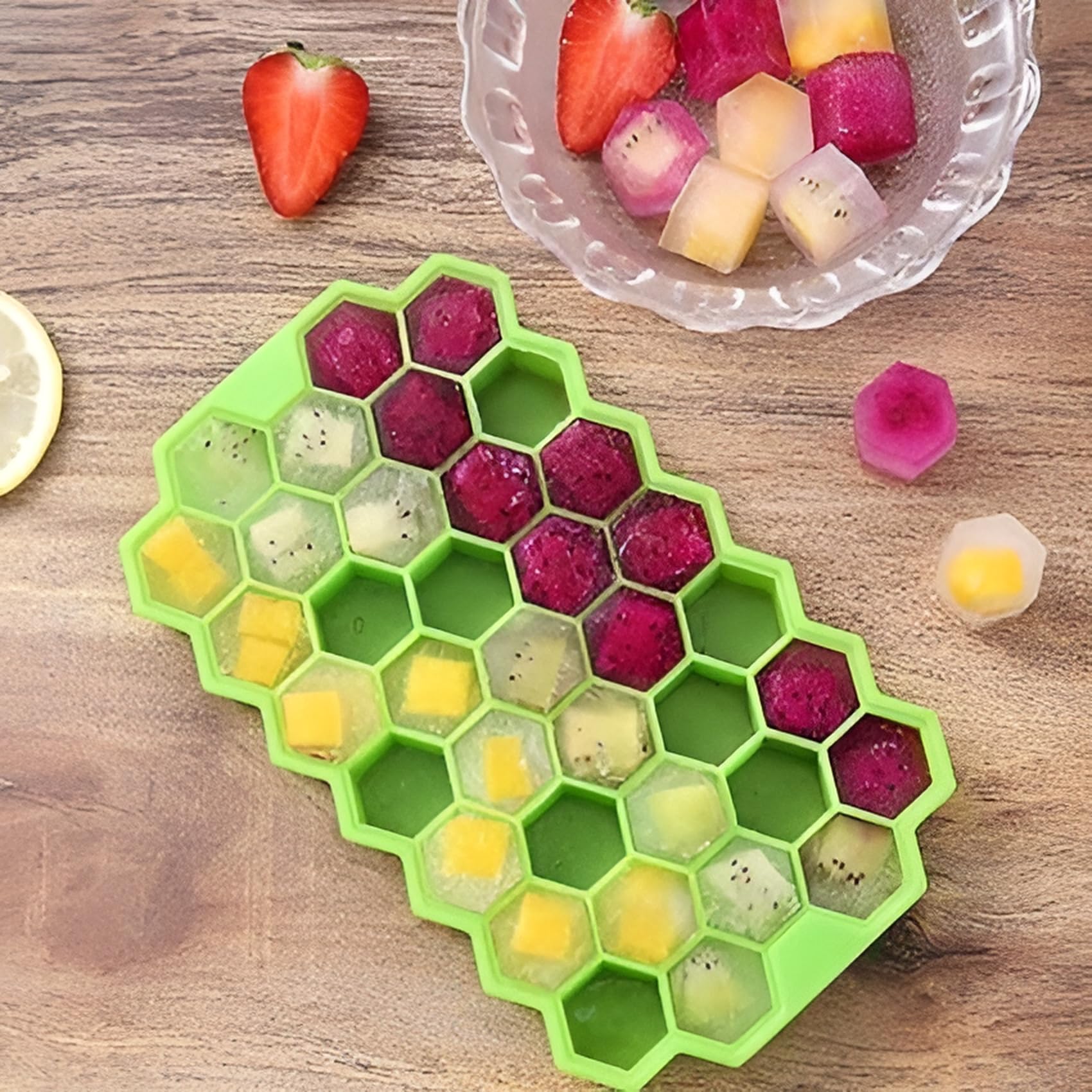 FLOSSYMART 37-Cavity Honeycomb Silicone Ice Cube Tray for Freezer - Reusable Small Ice Molds for Chilled Drinks, Cocktails, Chocolate & Cake Making - BPA-Free Multicolor Ice Cube Maker (Perfect for Parties, Home Bars & Summer Beverages)