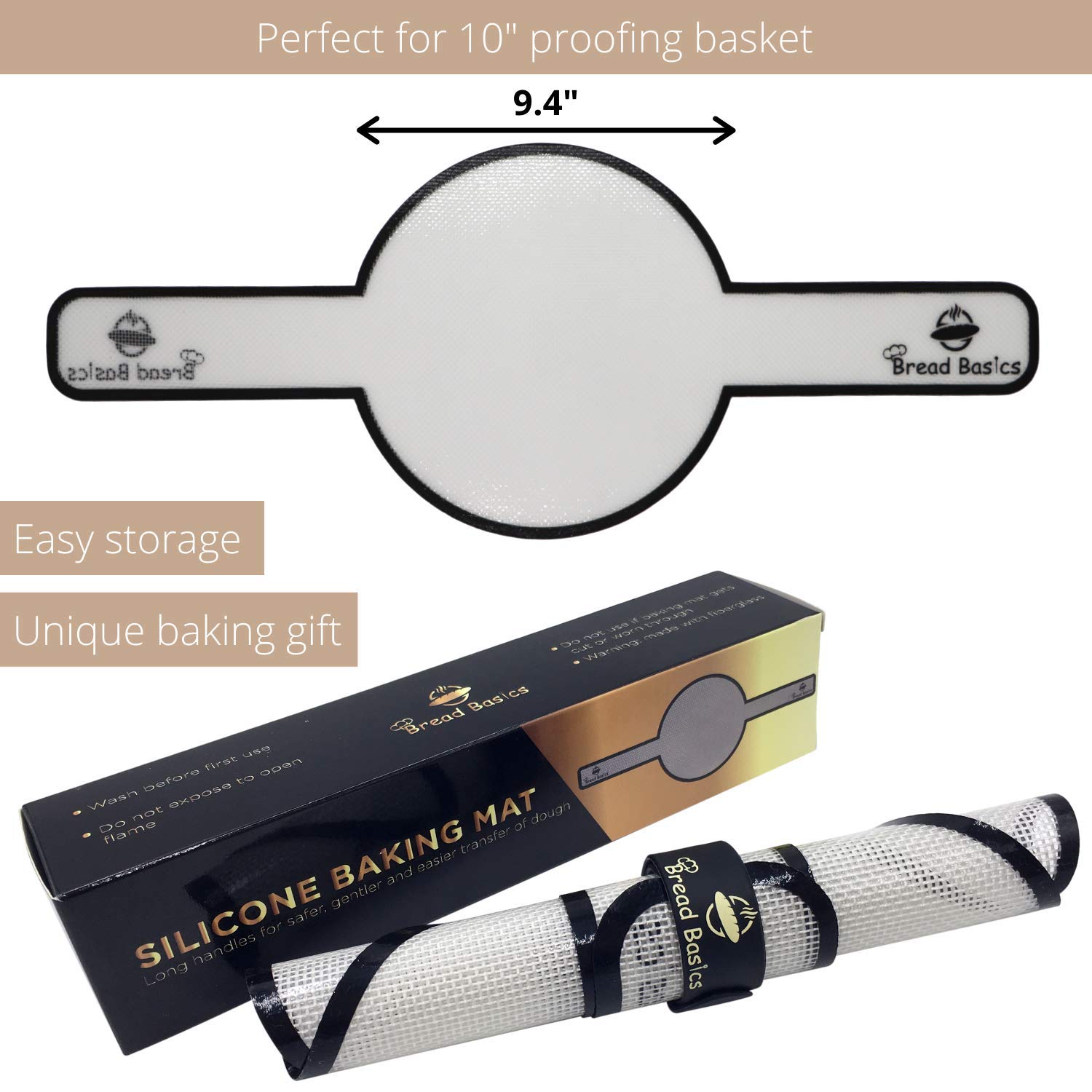 Non-Stick Silicone Baking Mat for Dutch Oven Bread Baking - Reusable, Eco-Friendly Parchment Paper Alternative with Storage Band & Long Handles (9.4 Inch) - Perfect for Homemade Artisan Bread, Pizza Dough & Pastry Making - Easy Clean & Safe Dough Transfer