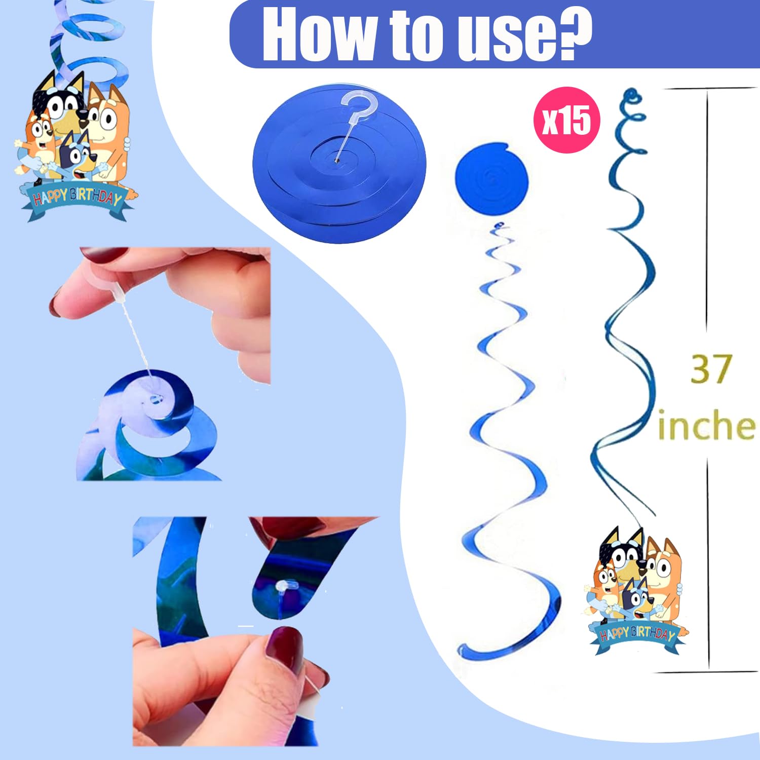 16PCS Blue Dog Happy Birthday Banner Party Decorations - 1 Banner & 15 Hanging Swirls for Kids Birthday Party Supplies | Perfect for Boys Girls Birthday Decorations, Baby Showers & Indoor Outdoor Celebrations