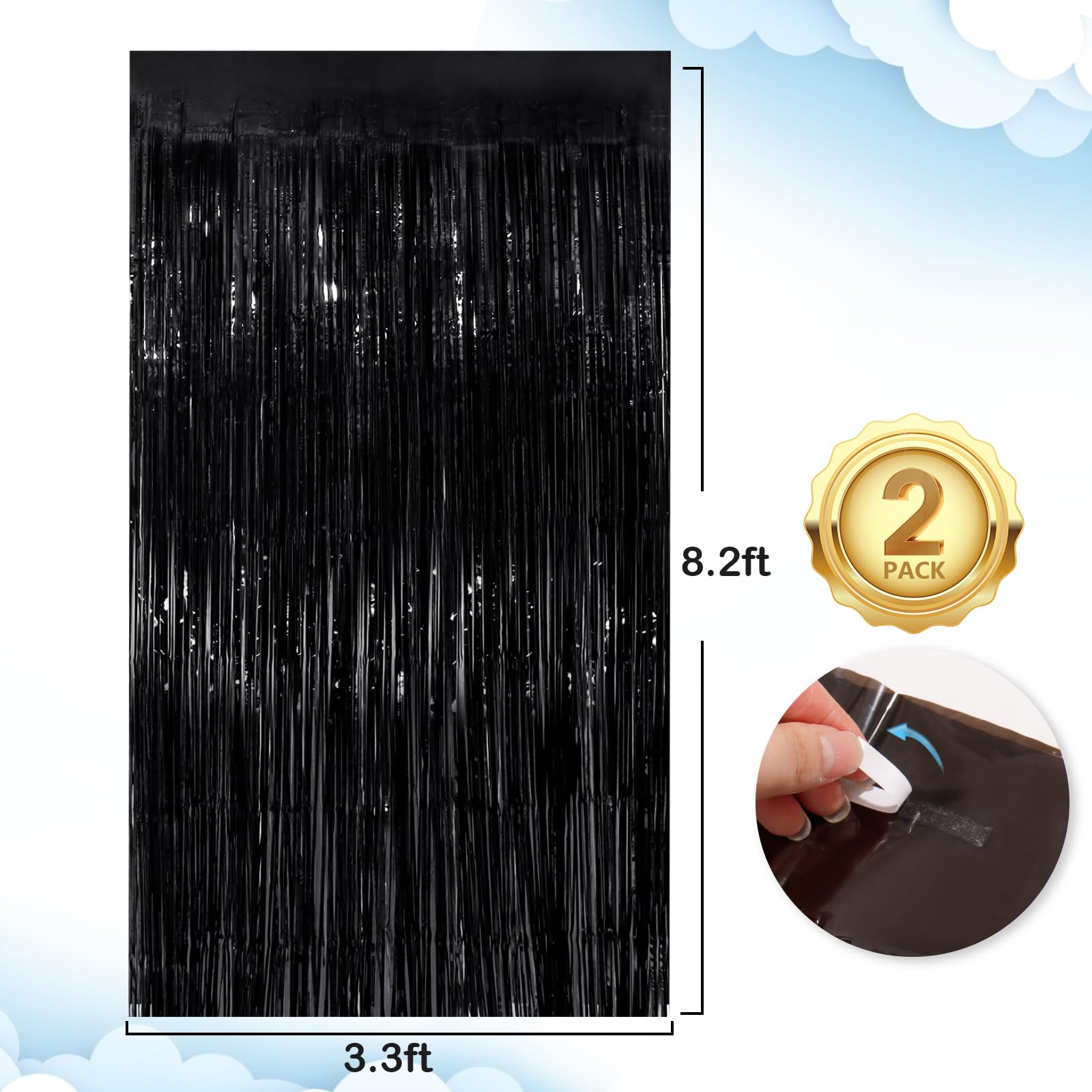 Black Fringe Curtain Party Decorations 4-Pack - 3.3 x 8.3 Ft Foil Tinsel Streamers for Birthday, Wedding, Baby Shower & Holiday Decor - Door & Wall Backdrop for Parties, Events & Photo Booths