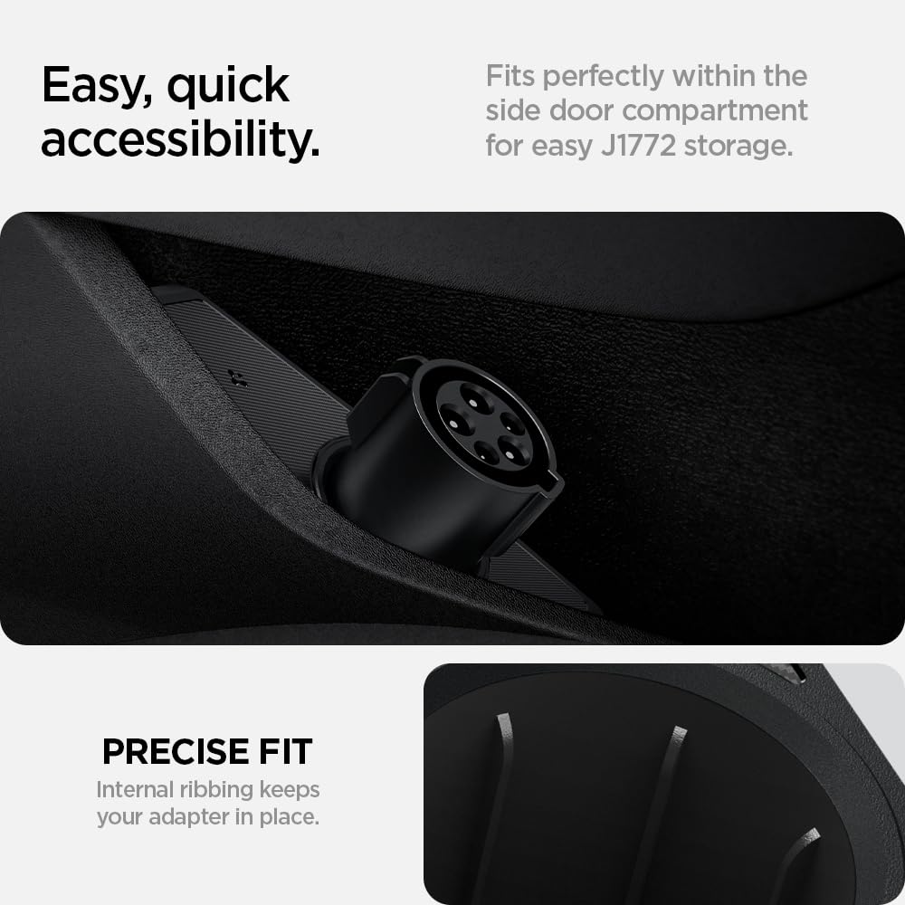 Spigen SAE J1772 Charging Adapter Door Dock for Tesla Model 3 (2024/2025 Highland Refresh) - Carbon Edition | Tesla Charger Organizer | Perfect for Home & Public Charging Stations (Adapter Not Included)
