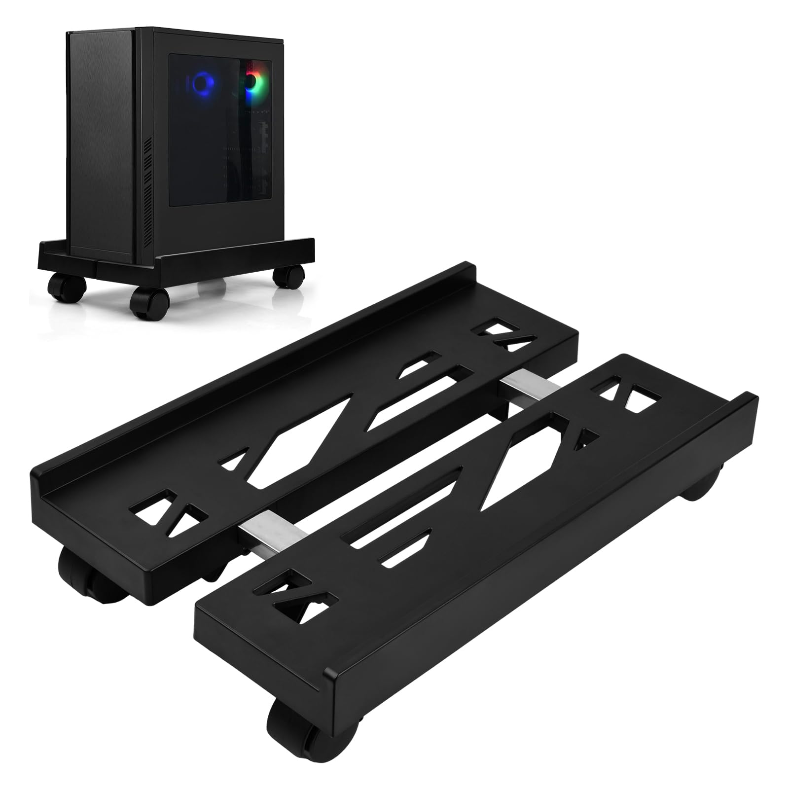 Adjustable CPU Holder Cart with Lockable Wheels - Portable PC Case Stand & Computer Tower Support for Office, Gaming, and Home Use - Black