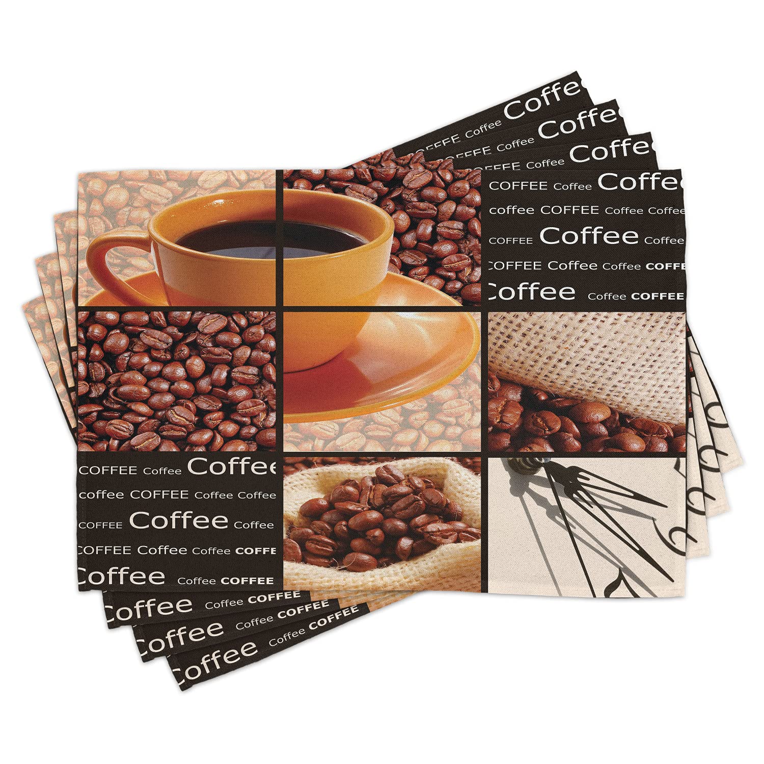 Ambesonne 4-Pack Square Coffee Place Mats Set - Orange Cup Hot Beverage Collage Design, Washable Fabric Dining Table Placemats, Standard Size (Dark Brown/Orange/Beige) - Perfect for Morning Coffee, Breakfast Nook, and Kitchen Decor