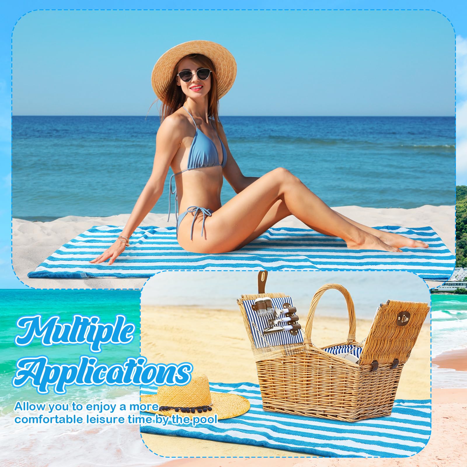 6-Piece Striped Lounge Chair Towel Covers 30x85 Inch - Large Pool Chaise Cushion Covers with Top & Side Pockets - Waterproof Outdoor Furniture Protector for Beach, Poolside, Patio (Blue) - Perfect for Summer Relaxation by the Pool or Seaside Lounging