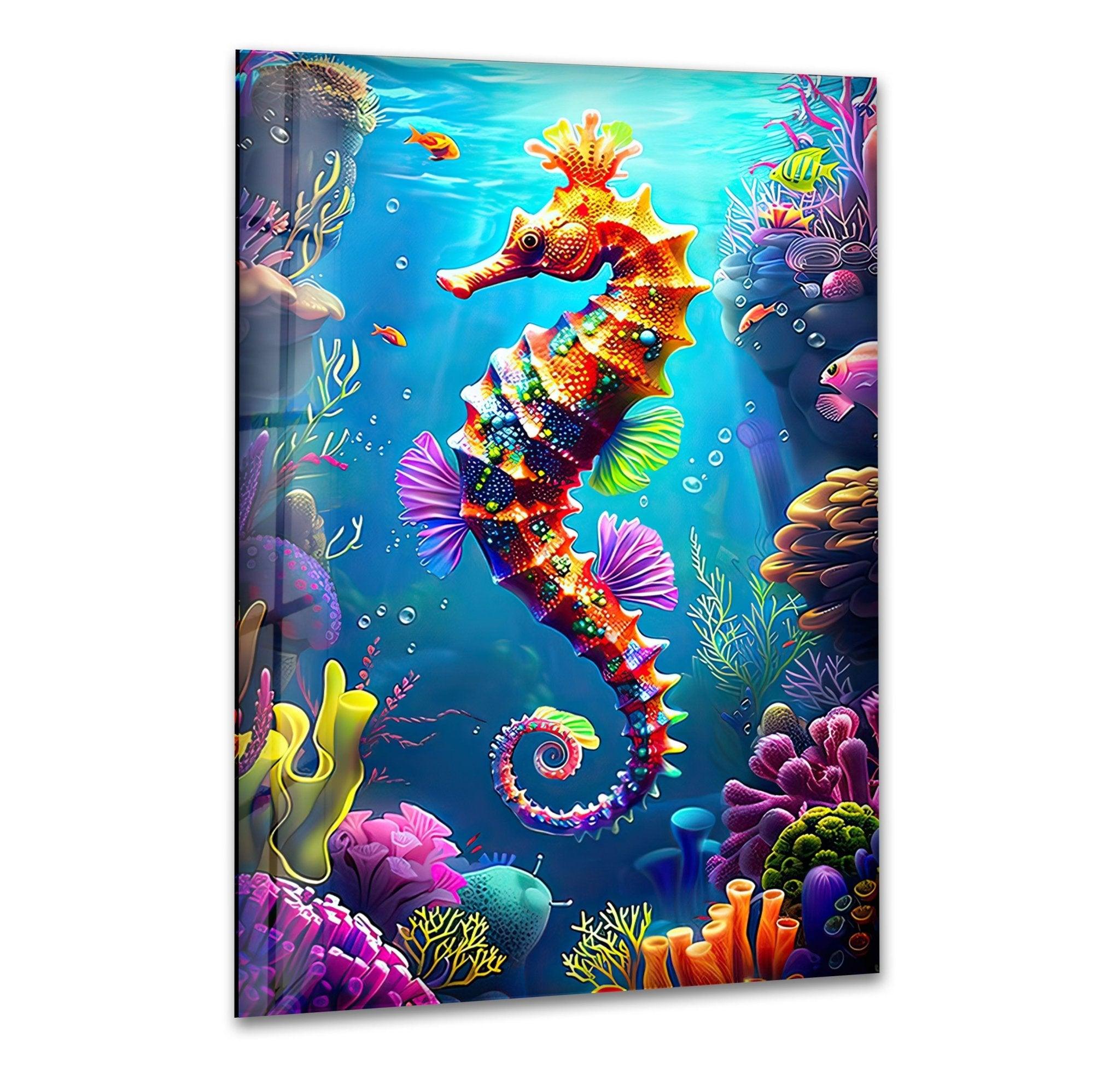 3D Cartoon Seahorse Glass Wall Art - Handmade Sea Horse Decor for Living Room, Bedroom, Bathroom - Unique Ocean Themed Gift for Home & Office Decoration