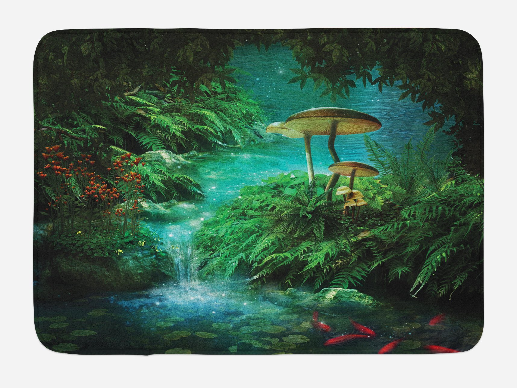 Lunarable Fantasy Bath Mat - Surreal Jungle River Pond with Fishes & Mushroom Print, Non-Slip Plush Bathroom Rug, 30.2 x 20 Inches, Green Teal & Red - Perfect for Spa, Kids' Bathroom & Boho Home Decor