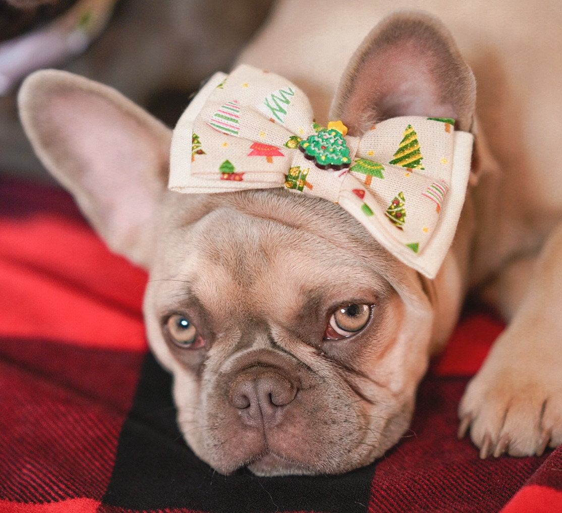 Christmas Tree Dog Collar Bow Tie - Festive White Christmas Tree Design for Pets - Perfect for Holiday Photos, Parties & Festive Celebrations