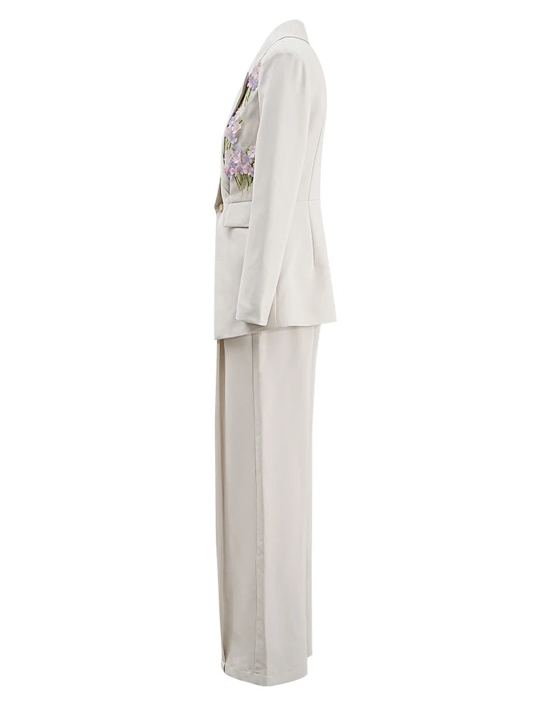 Apricot Floral Blazer & Wide Leg Pants Women's Two-Piece Suit Set - Long Sleeve Lapel Jacket with High Waist Trousers | Spring/Fall 2025 Fashion Trend | Office Wear, Business Casual, Wedding Guest Outfit