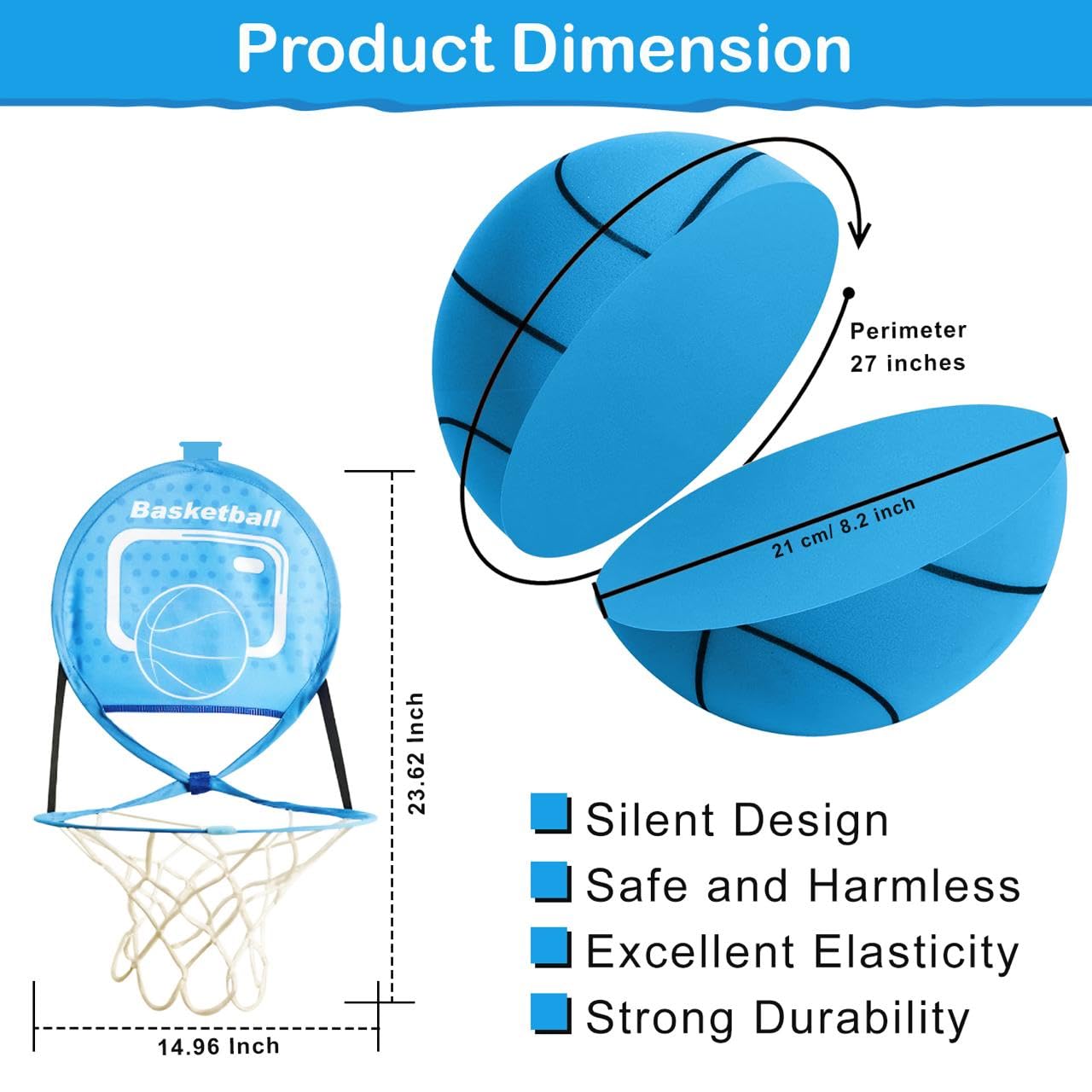 Silent Hoop Set - Quiet Bounce Foam Basketball with Adjustable Hoop for Indoor & Outdoor Play | Size 5 Lightweight Kids Basketball | Perfect for Bedroom, Backyard & School Gym Use