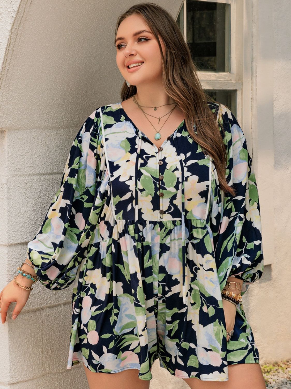 Plus Size Floral Print Tied Long Sleeve Romper Jumpsuit for Women - Casual Outfit for Date Night, Party & Vacation