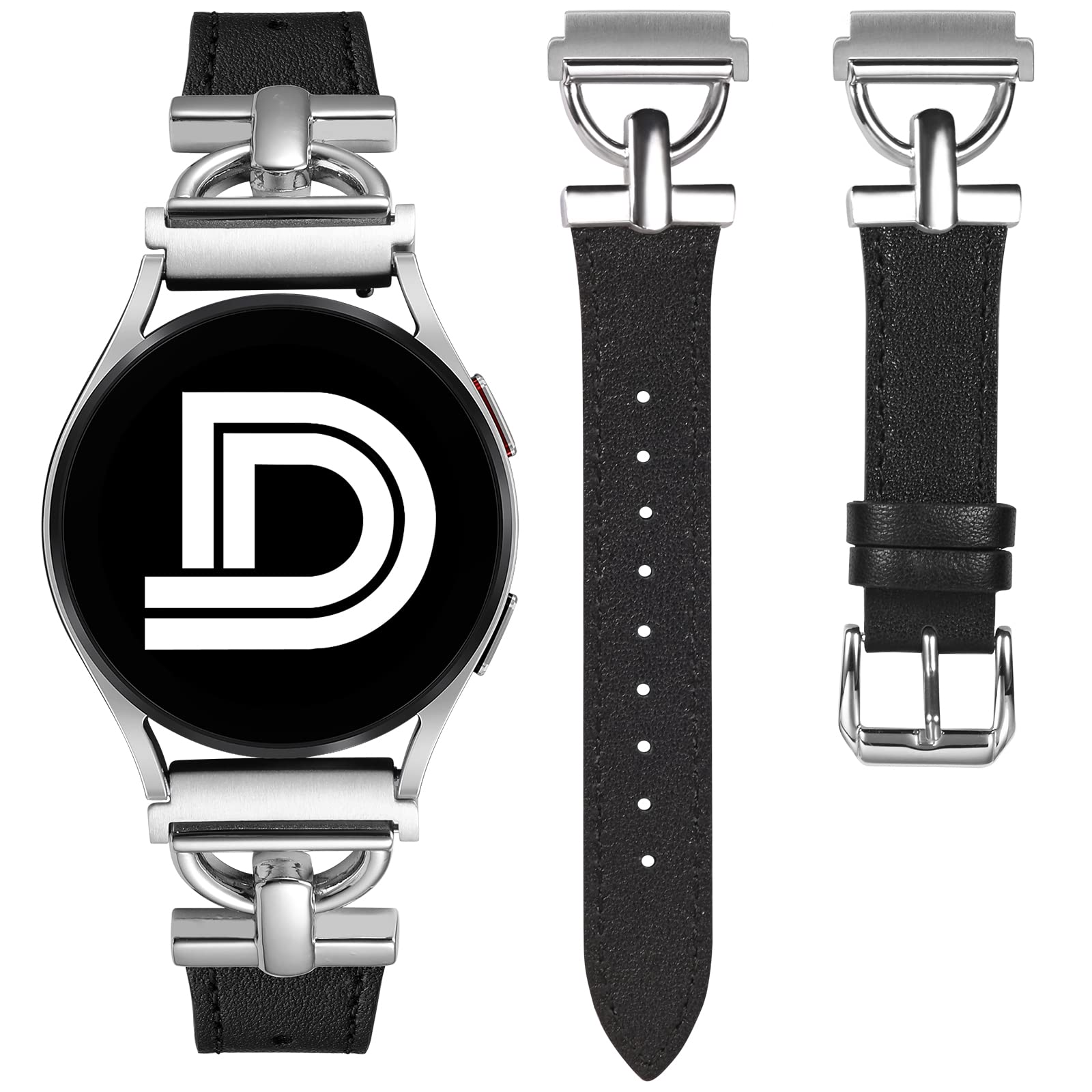 Wearlizer 20mm Leather Watch Band for Samsung Galaxy Watch 7/6/5/4 - Black/Silver - Perfect for Work & Casual Wear