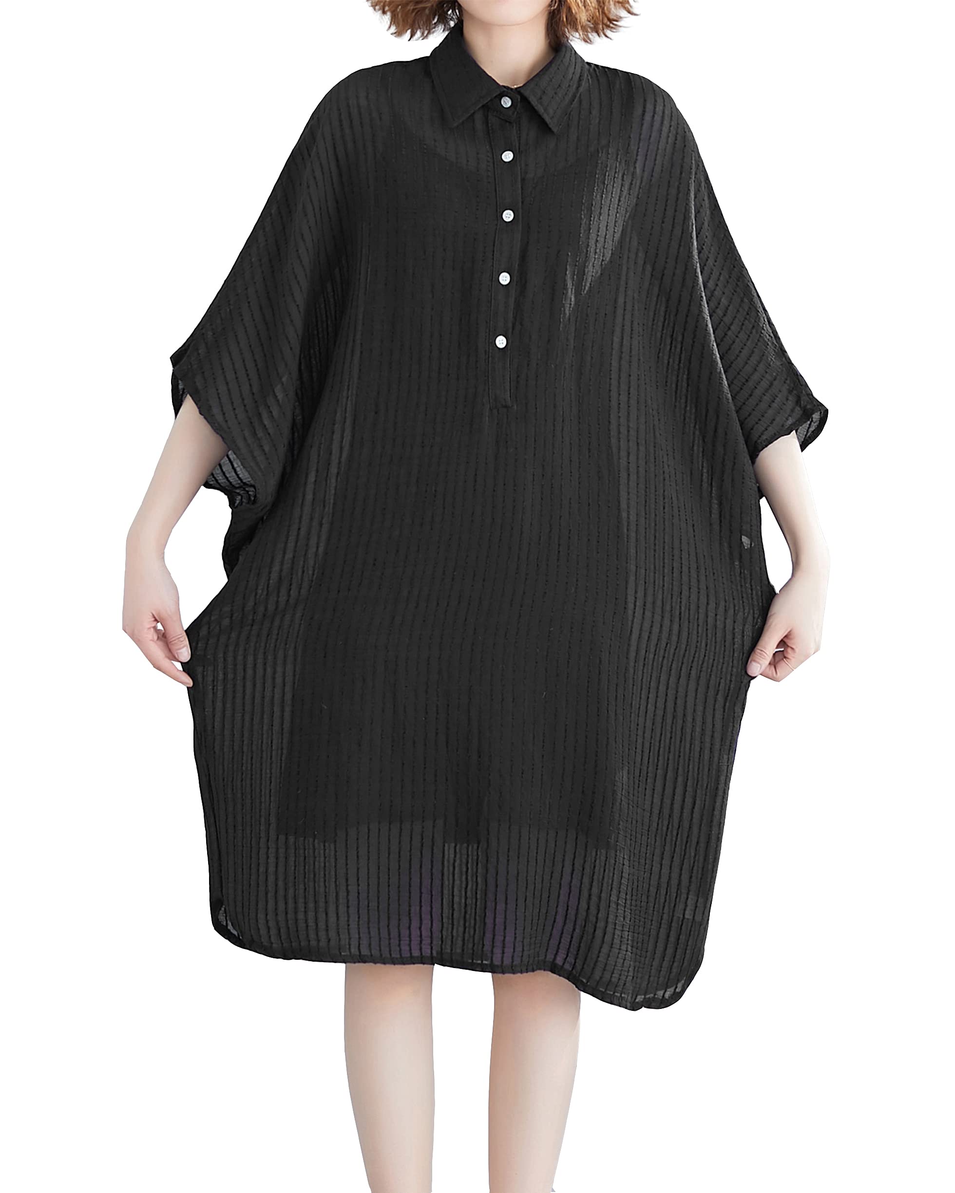 EllaZhu Women's Summer Batwing Short Sleeve Collar Midi Shirt Dress GA2323 - Casual Office Wear, Beach Cover Up & Date Night Outfit