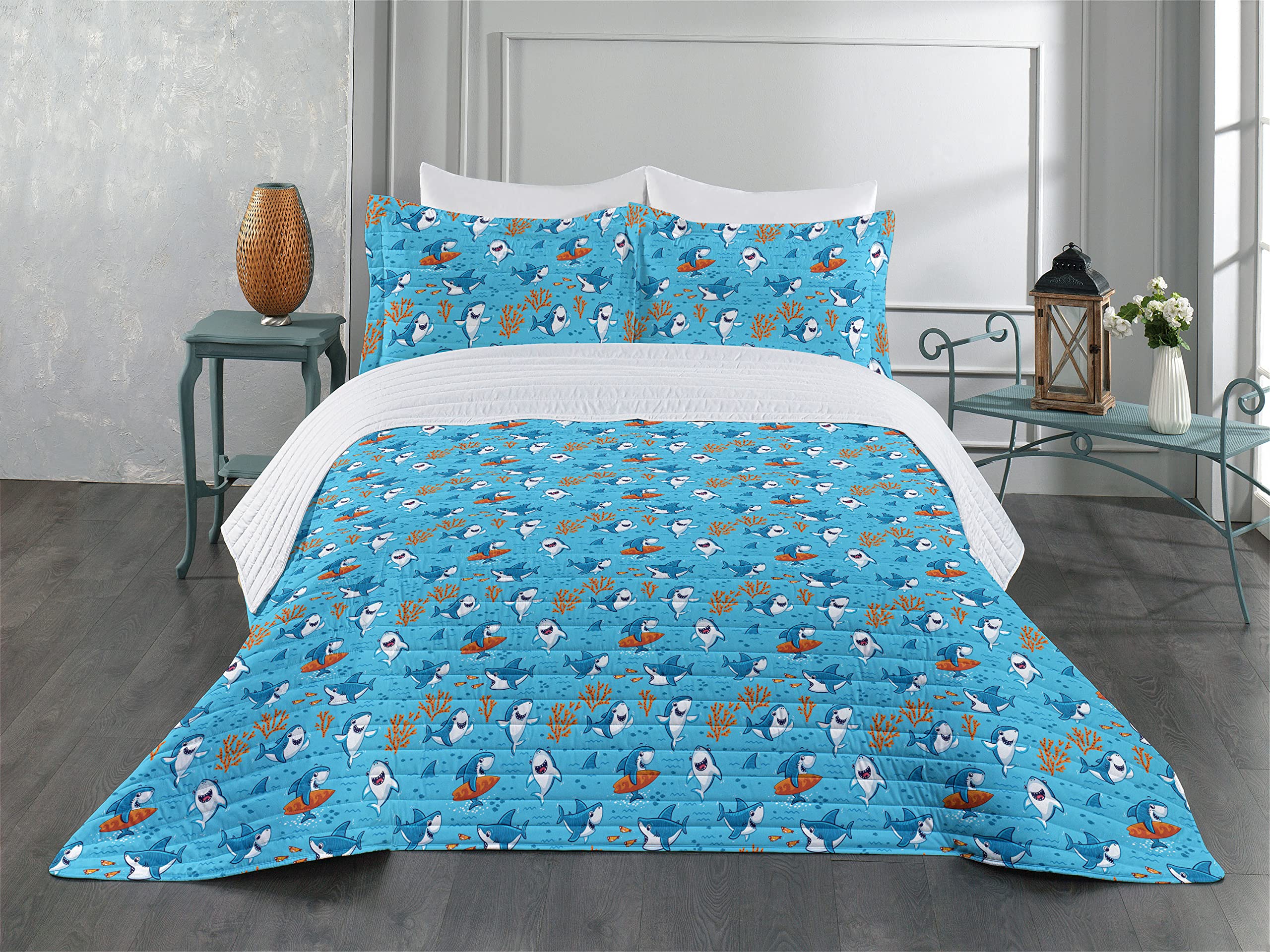 Ambesonne Shark Microfiber Bedspread Set - Underwater Fantasy World with Playful Fish Characters & Cheerful Mascots | Soft Queen Size Bedding Set Includes Pillow Shams & Comforter in Blue White Orange | Perfect for Kids' Rooms, Beach Themed Decor & Shark Lovers
