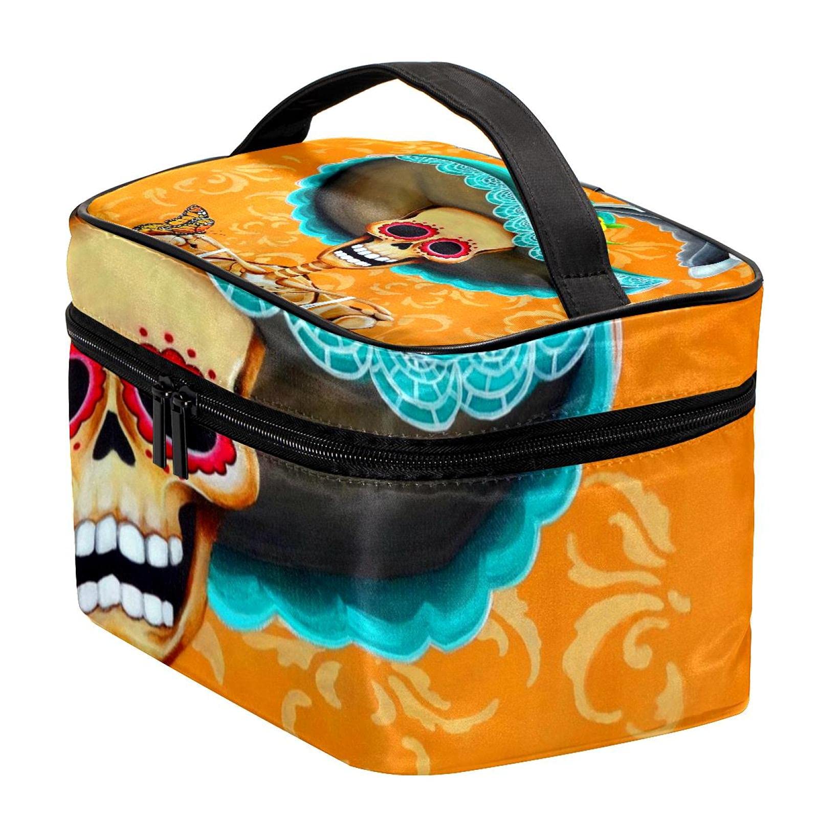 Mexican Sugar Skull Floral & Butterfly Print Large Travel Makeup Bag - Waterproof Cosmetic Organizer with Zipper for Women & Girls | Perfect for Vacation, Gym, Beach Trips & Daily Use