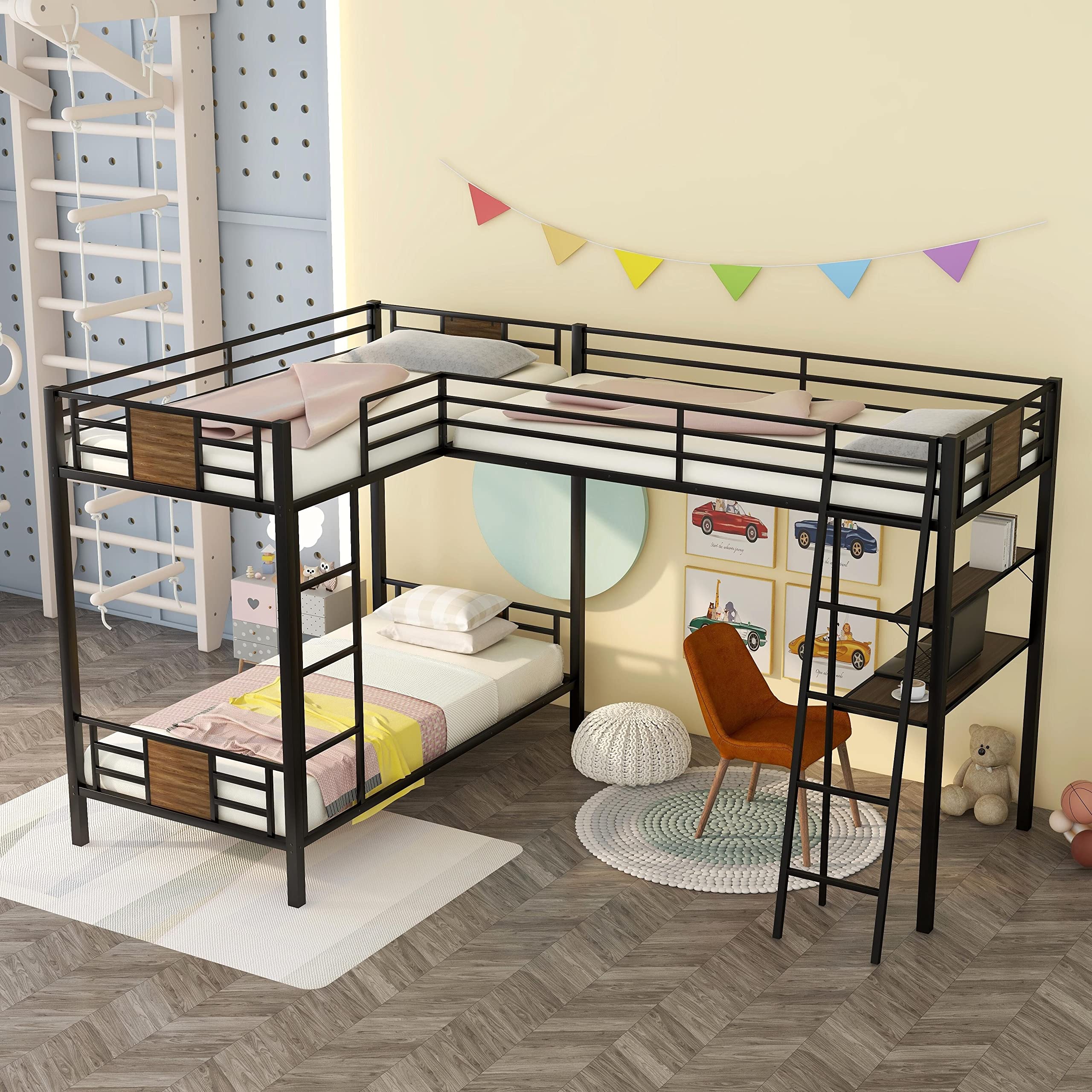 Metal Triple Bunk Beds for 3 - L-Shaped Twin Over Twin Bunk Bed with Desk & Shelves | Space-Saving Kids Dormitory Furniture for Boys, Girls & Teens | Perfect for Small Bedrooms, Shared Kids Rooms & College Dorms (Brown)