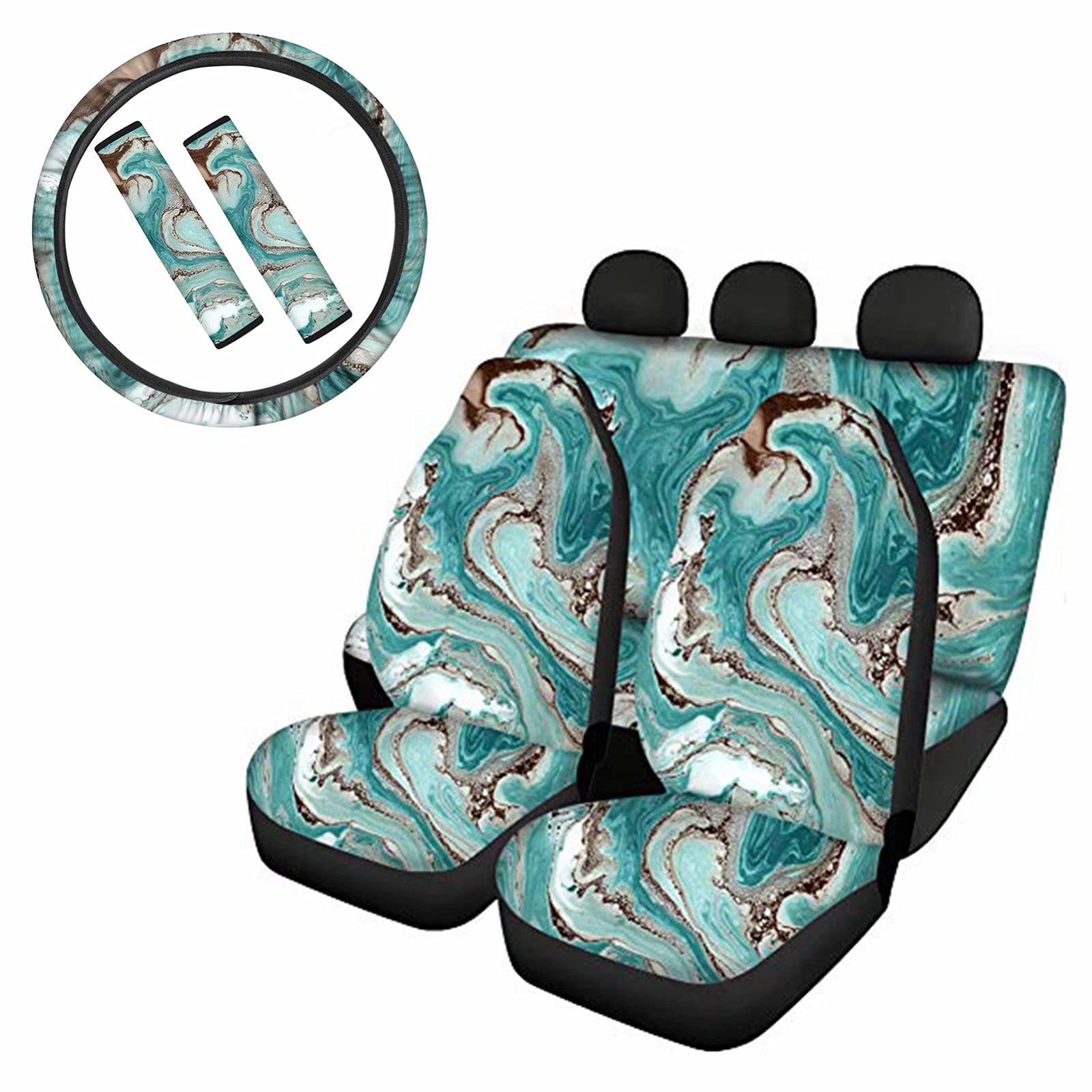 Aqua Marble Print Car Seat Covers Set - Front & Back Seat Covers, Steering Wheel Cover & Seatbelt Pads (7-Piece) | Waterproof Car Interior Accessories for SUV, Sedan, Truck | Perfect for Road Trips & Daily Commute