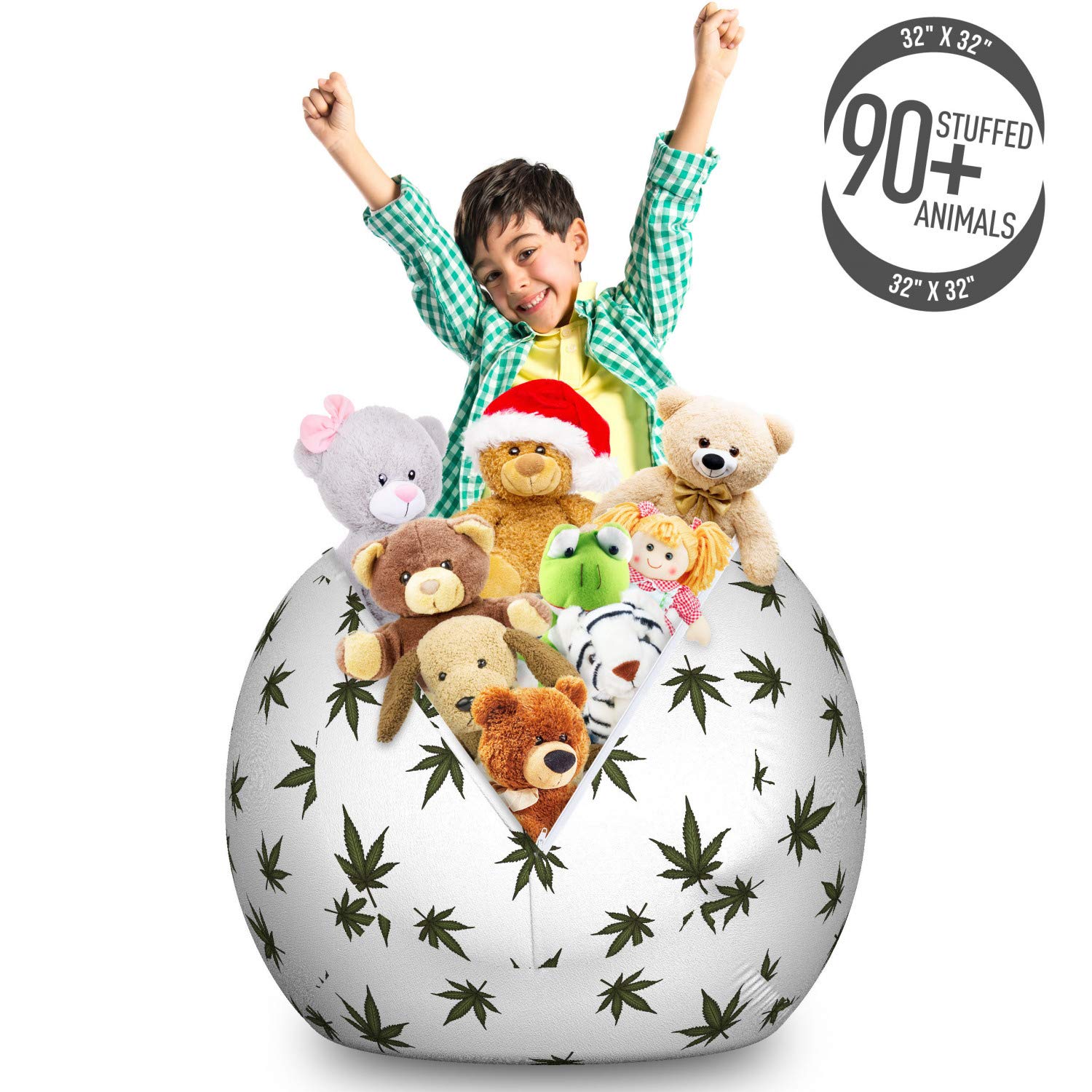 Ambesonne Large Storage Toy Bag Chair with Botanical Leaves & Flowering Plant Design, Dark Green & White Hemp Pattern, Washable Stuffed Animal Organizer - Perfect for Kids' Room, Nursery, Playroom & Dorm Organization