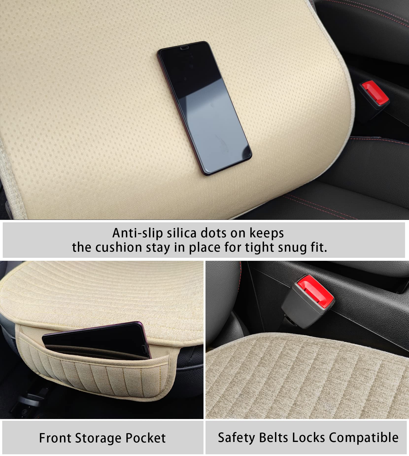 Breathable Linen Car Seat Covers - 2-Piece Universal Front Seat Protector | Anti-Slip Bottom Cushion Pad | Keeps Warm in Winter & Cool in Summer | Fits 98% Vehicles (Beige) - Perfect for Daily Commute, Road Trips & Protecting Car Seats from Wear