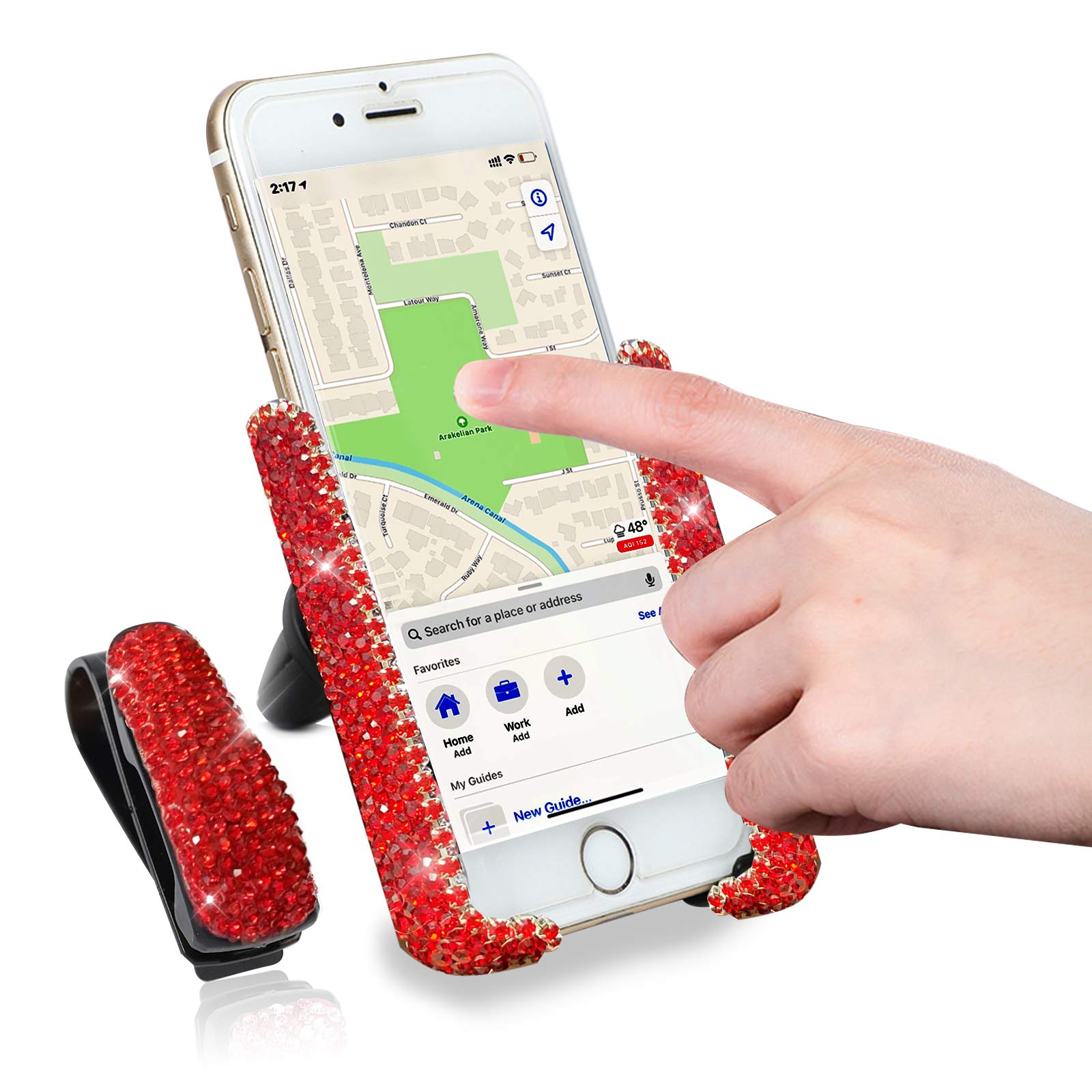 **Bling Crystal Car Phone Mount Holder - Universal Dashboard, Windshield & Air Vent Phone Stand with Free Glasses Clip - Stylish Car Accessories for Women (Red) - Perfect for Hands-Free Driving & Road Trips**